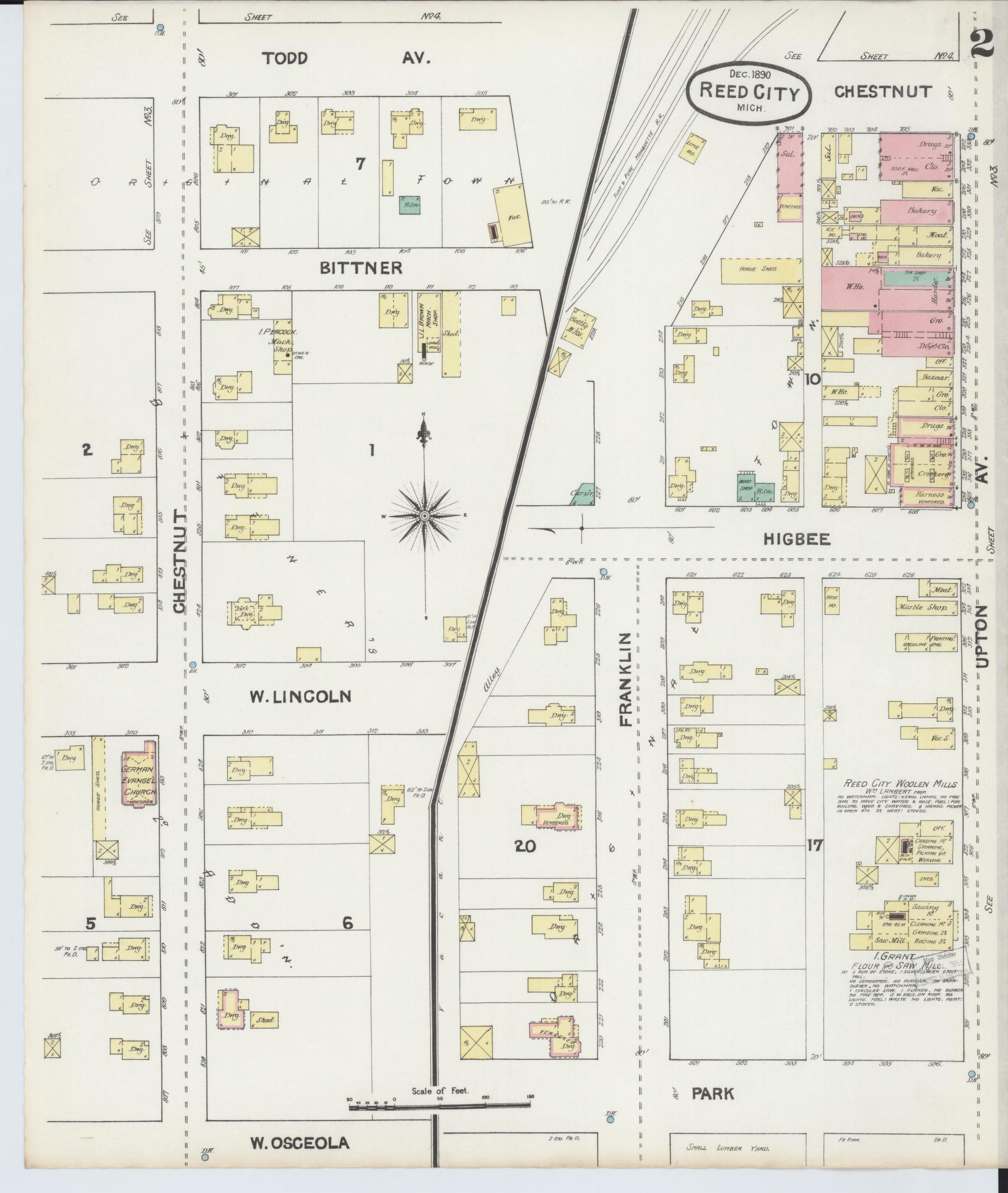 Sanborn Fire Insurance Map from Reed City, Osceola County, Michigan (1890), Sheet #0002 - Complete Map Set gallery image, historic Sanborn map, vintage wall art, Michigan Michigan