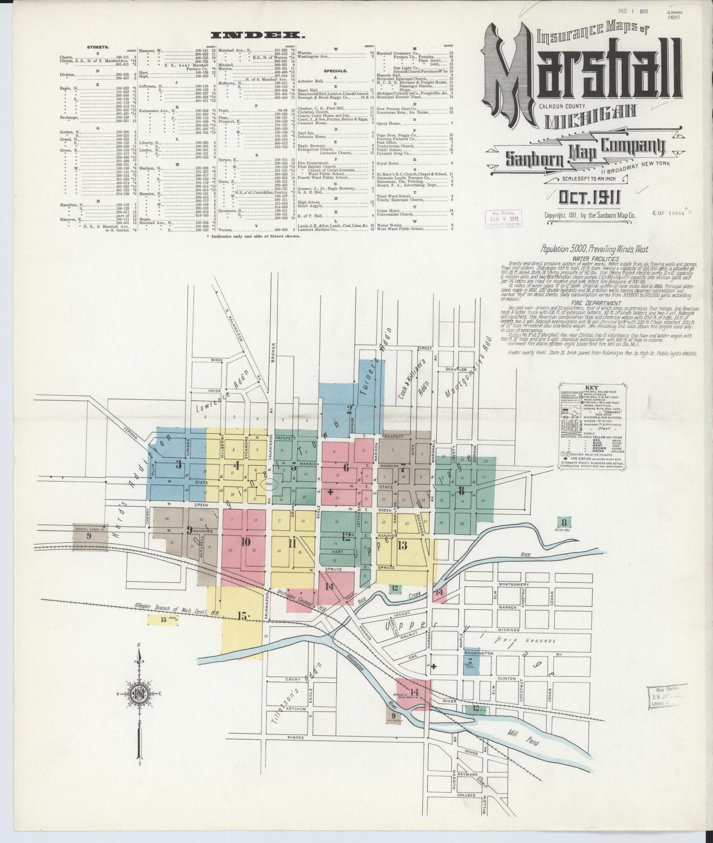 Sanborn Fire Insurance Map from Marshall, Calhoun County, Michigan (1911), Sheet #0001 - Historic Sanborn Fire Insurance Map Print, vintage old map wall art, antique decor, genealogy gift, Michigan Michigan map
