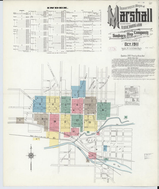 Sanborn Fire Insurance Map from Marshall, Calhoun County, Michigan (1911), Sheet #0001 - Historic Sanborn Fire Insurance Map Print, vintage old map wall art, antique decor, genealogy gift, Michigan Michigan map