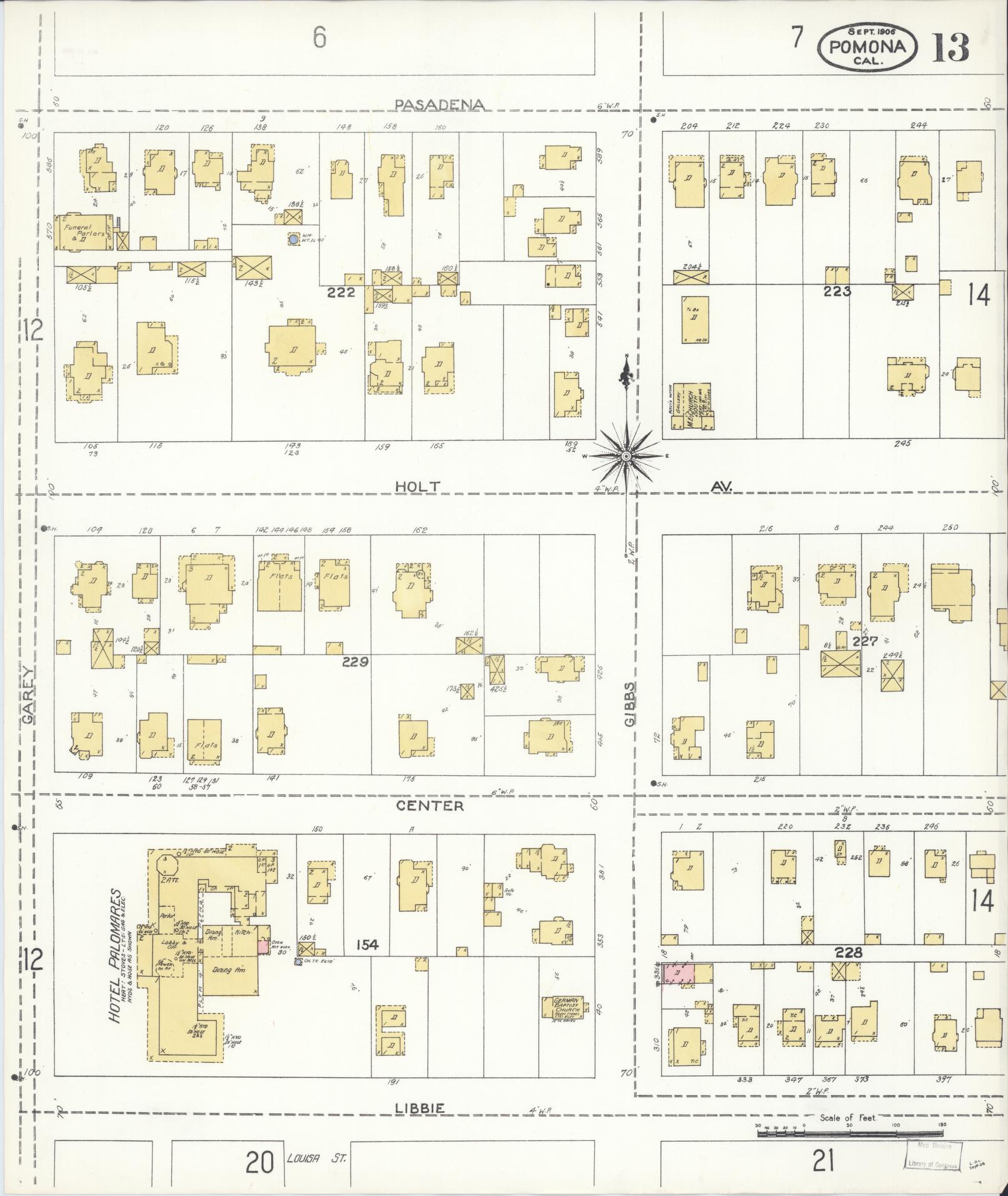 Sanborn Fire Insurance Map from Pomona, Los Angeles County, California (1906), Sheet #0013 - Complete Map Set gallery image, historic Sanborn map, vintage wall art, California California
