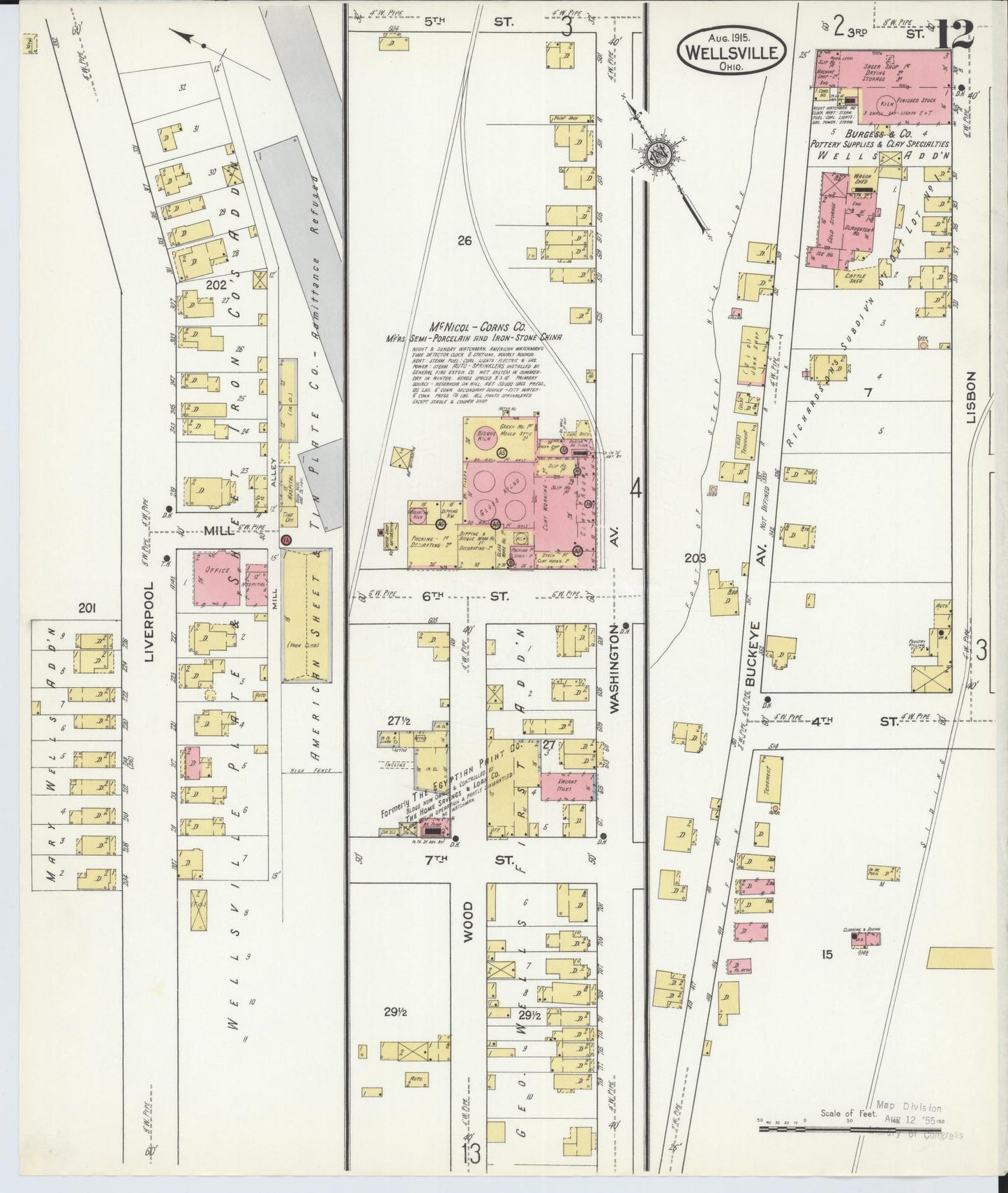 Sanborn Fire Insurance Map from Wellsville, Columbiana County, Ohio (1915), Sheet #0012 - Historic Sanborn Fire Insurance Map Print, vintage old map wall art, antique decor, genealogy gift, Ohio Ohio map