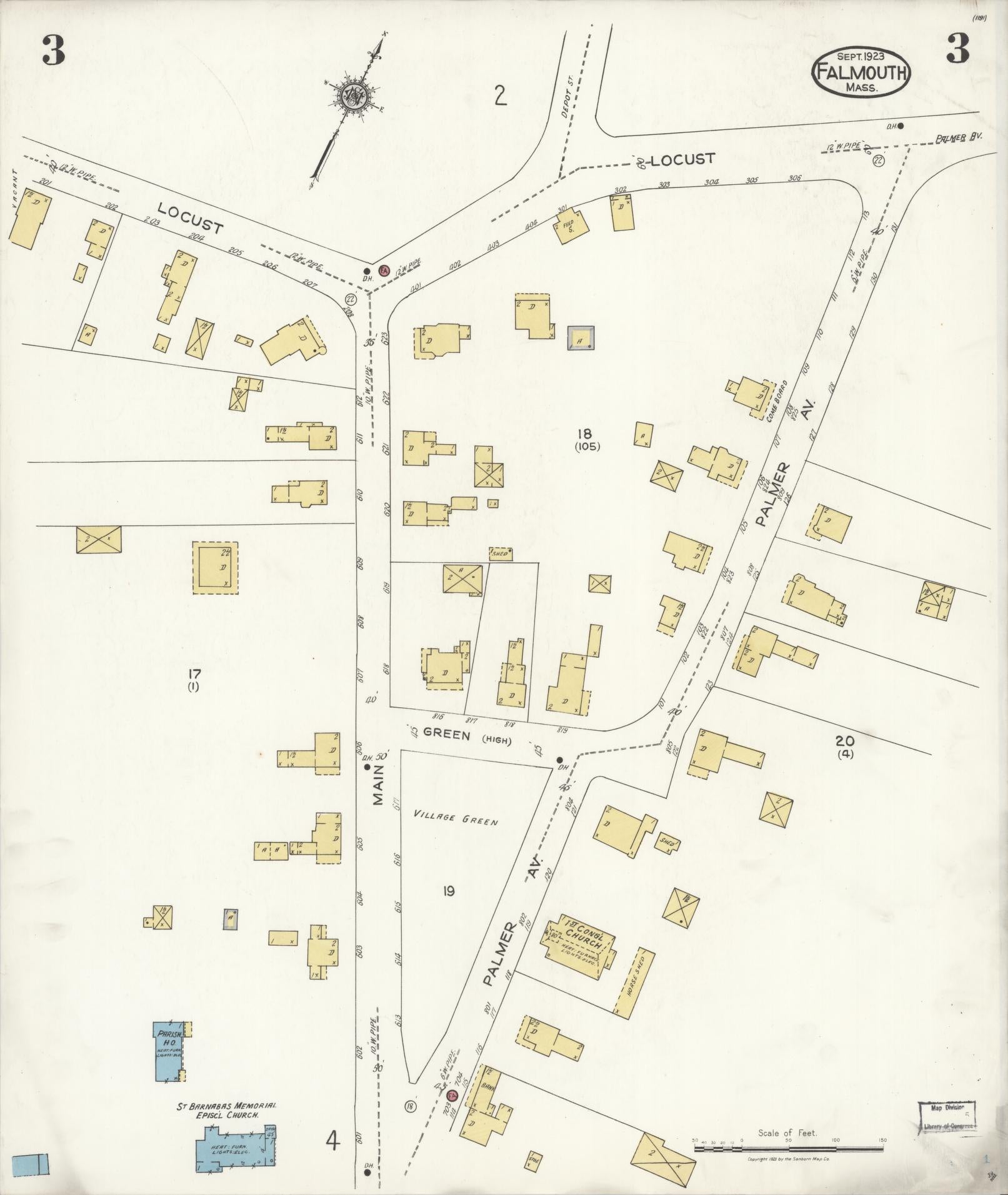 Sanborn Fire Insurance Map from Falmouth, Barnstable County, Massachusetts (1923), Sheet #0003 - Historic Sanborn Fire Insurance Map Print, vintage old map wall art, antique decor, genealogy gift, Massachusetts Massachusetts map