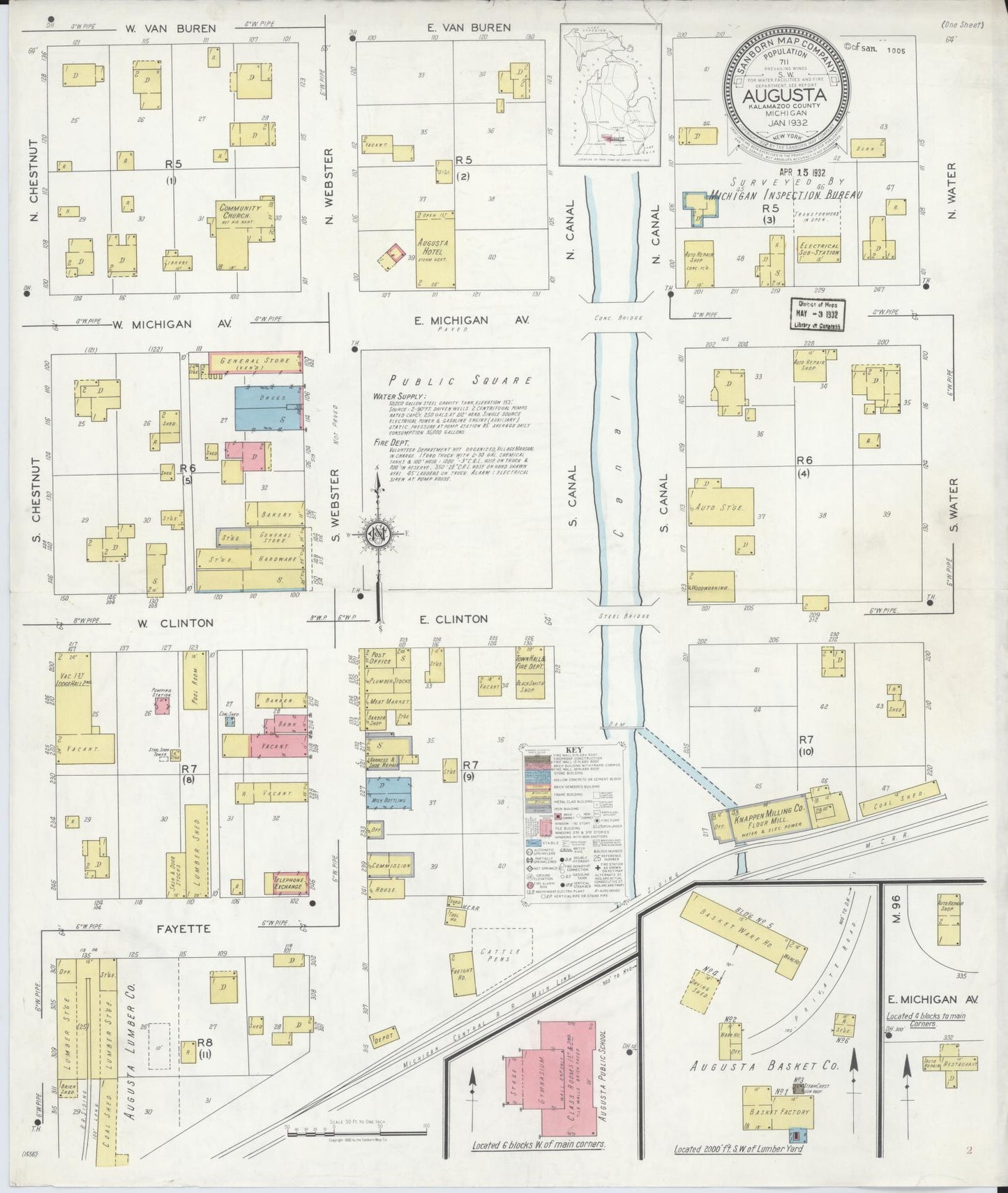 Sanborn Fire Insurance Map from Augusta, Kalamazoo County, Michigan (1932), Sheet #0001 - Historic Sanborn Fire Insurance Map Print, vintage old map wall art, antique decor, genealogy gift, Michigan Michigan map