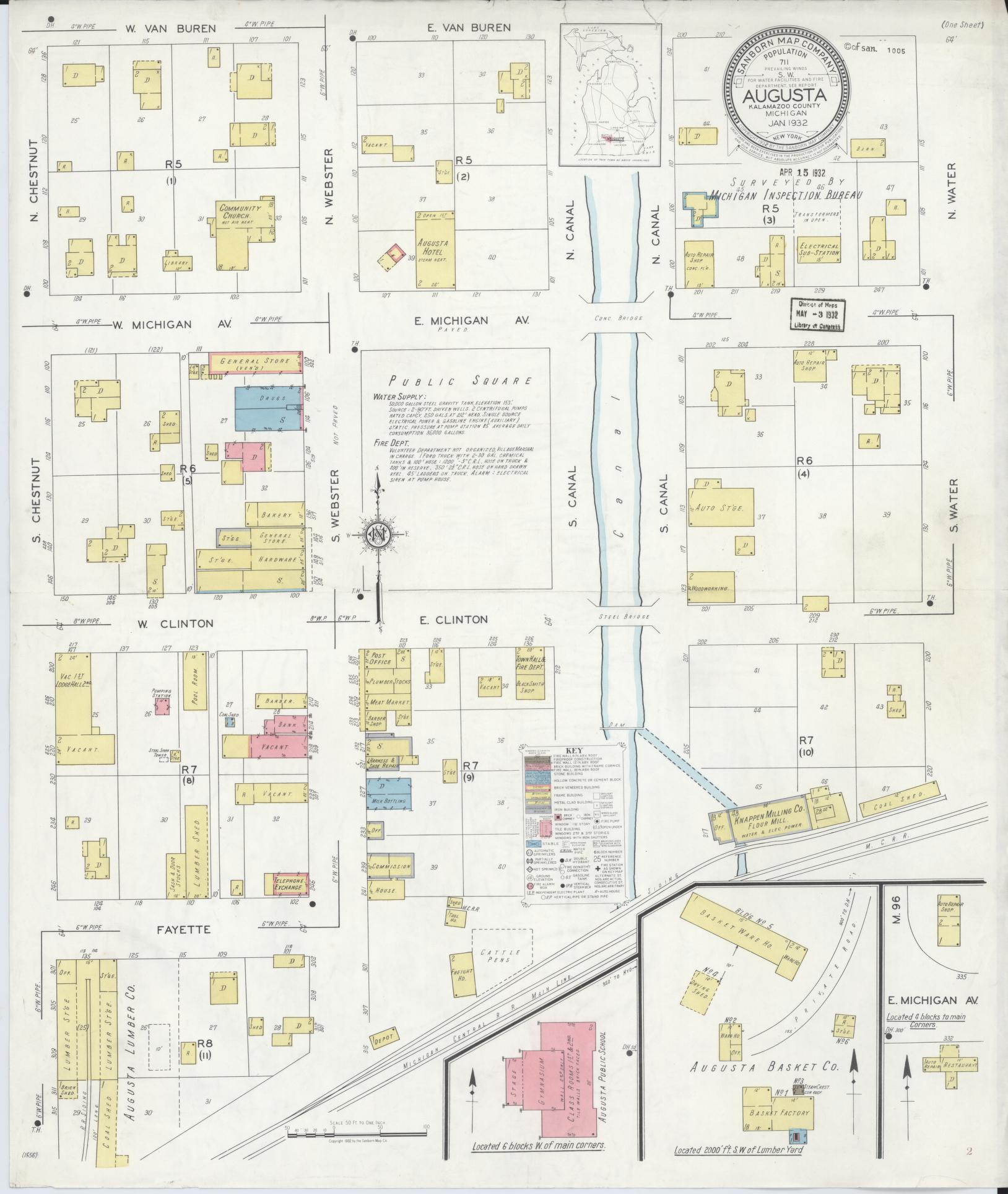 Sanborn Fire Insurance Map from Augusta, Kalamazoo County, Michigan (1932), Sheet #0001 - Historic Sanborn Fire Insurance Map Print, vintage old map wall art, antique decor, genealogy gift, Michigan Michigan map