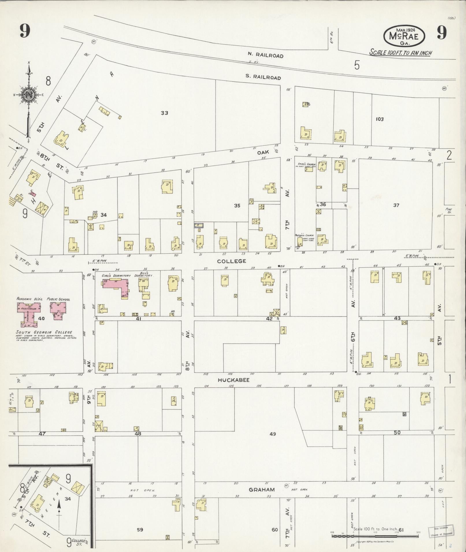 Sanborn Fire Insurance Map from Mcrae, Telfair County, Georgia (1924), Sheet #0009 - Historic Sanborn Fire Insurance Map Print, vintage old map wall art, antique decor, genealogy gift, Georgia Georgia map