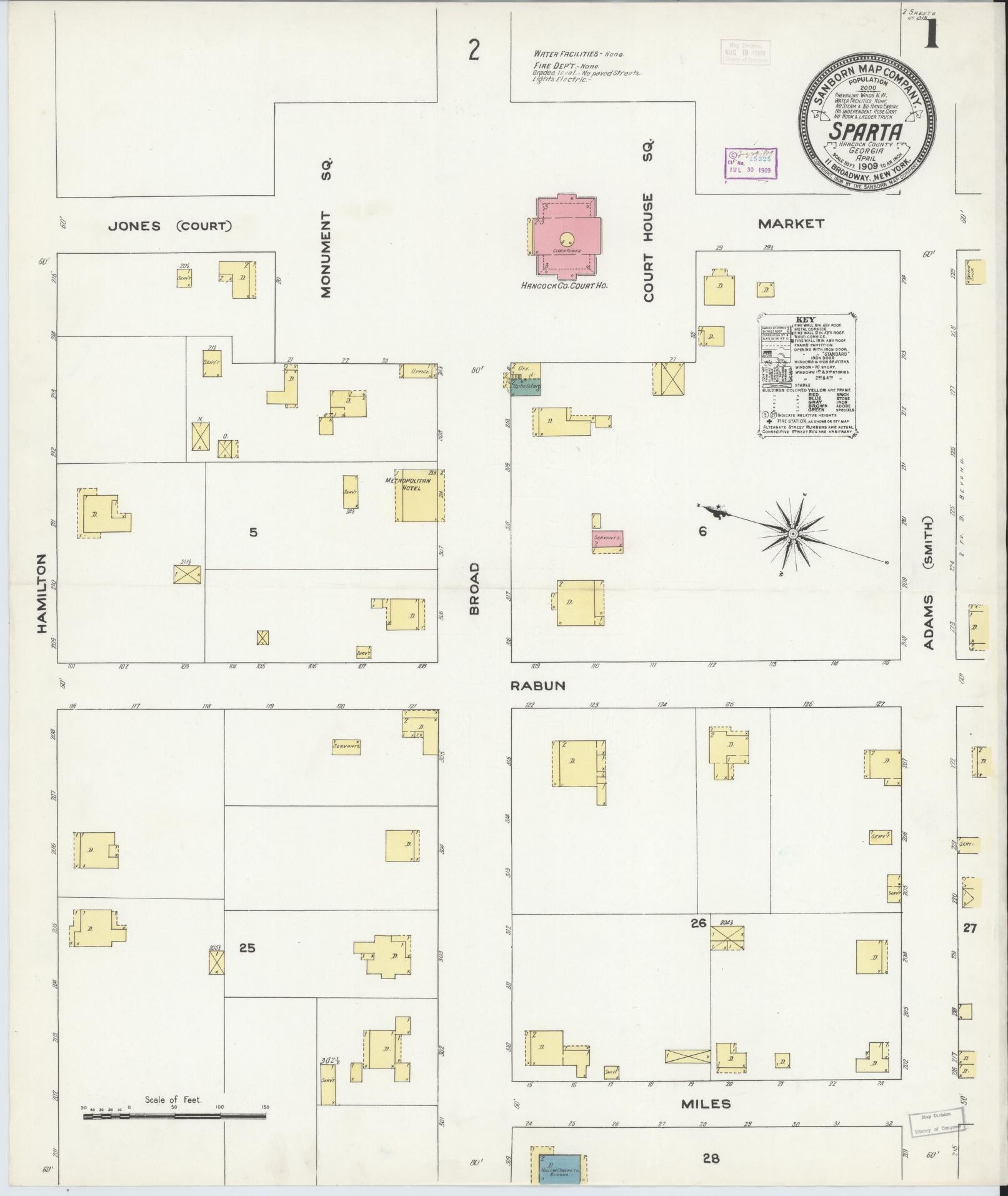 Sanborn Fire Insurance Map from Sparta, Hancock County, Georgia (1909), Sheet #0001 - Historic Sanborn Fire Insurance Map Print, vintage old map wall art, antique decor, genealogy gift, Georgia Georgia map