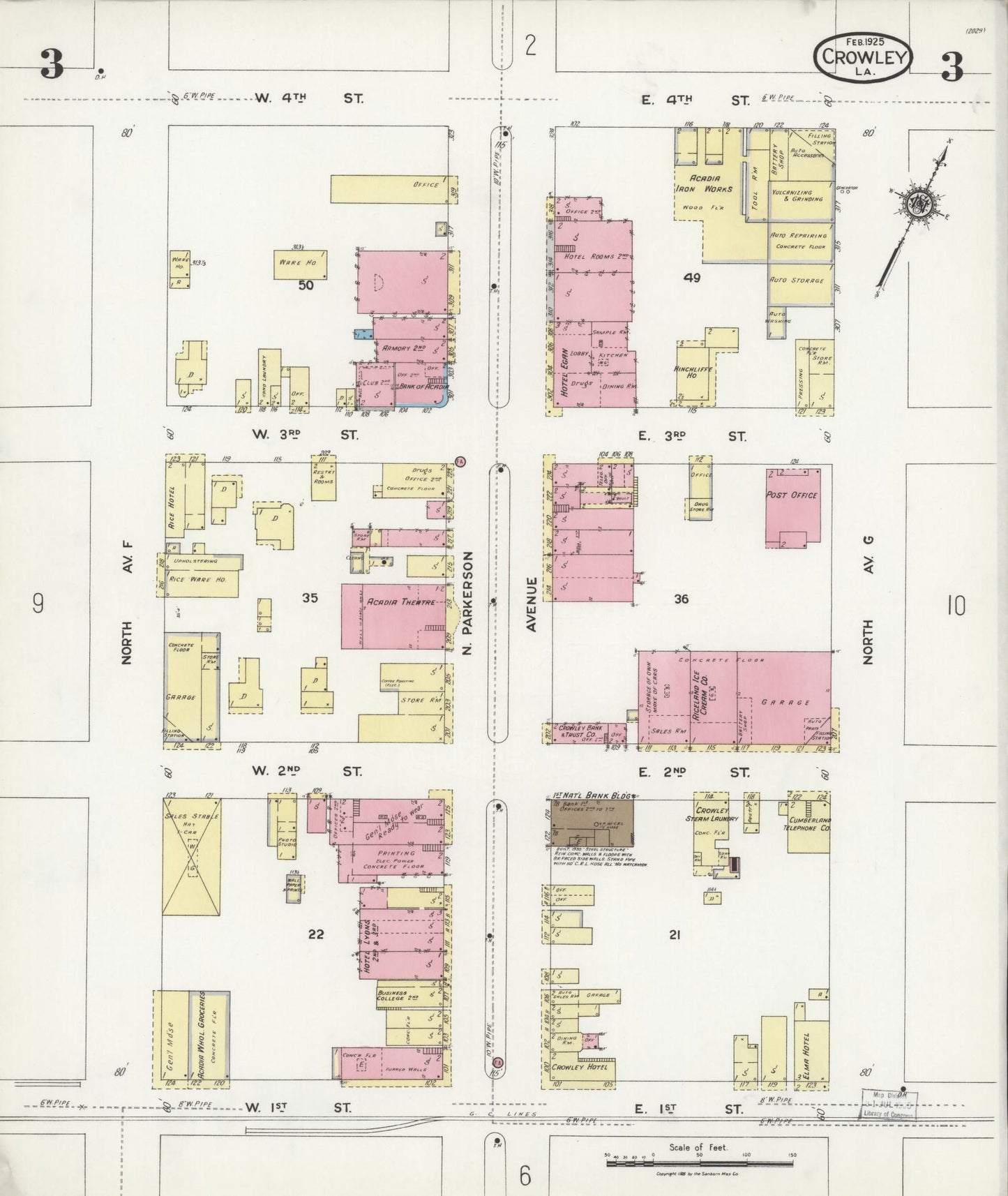 Sanborn Fire Insurance Map from Crowley, Acadia Parish, Louisiana (1925), Sheet #0003 - Historic Sanborn Fire Insurance Map Print, vintage old map wall art, antique decor, genealogy gift, Louisiana Louisiana map