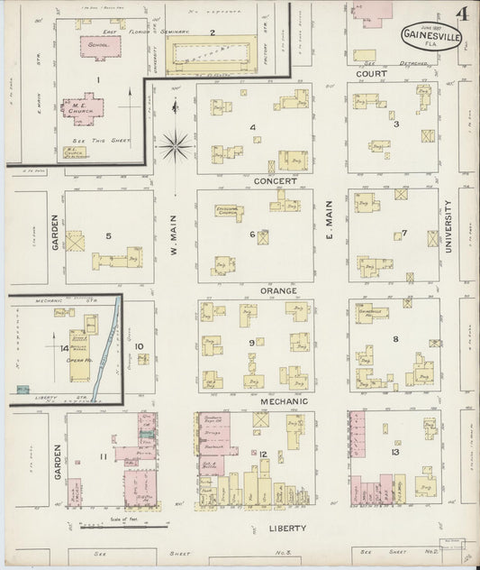 Sanborn Fire Insurance Map from Gainesville, Alachua County, Florida (1887), Sheet #0004 - Historic Sanborn Fire Insurance Map Print, vintage old map wall art, antique decor, genealogy gift, Florida Florida map