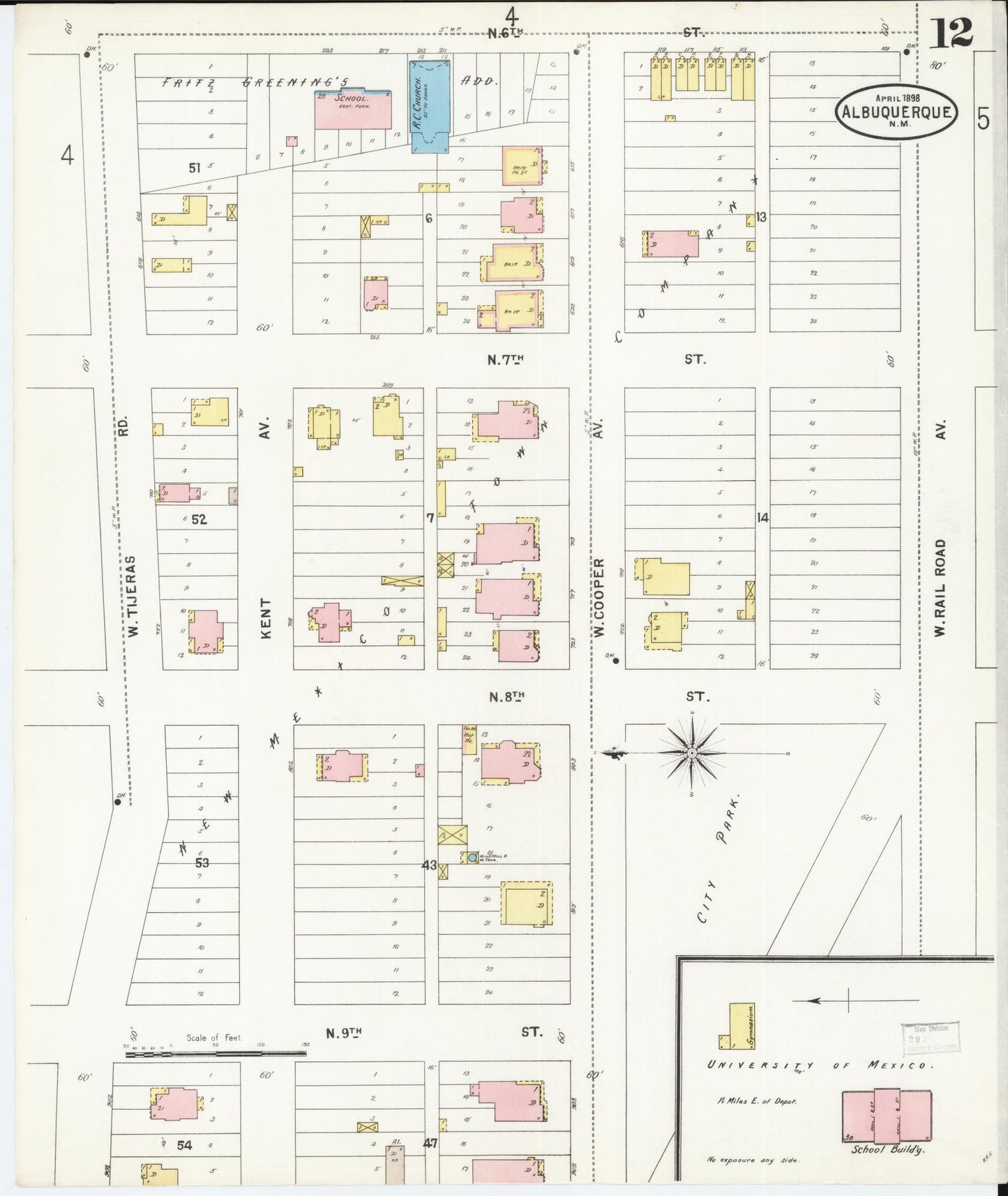 Sanborn Fire Insurance Map from Albuquerque, Bernalillo County, New Mexico (1898), Sheet #0012 - Historic Sanborn Fire Insurance Map Print, vintage old map wall art, antique decor, genealogy gift, New Mexico New Mexico map