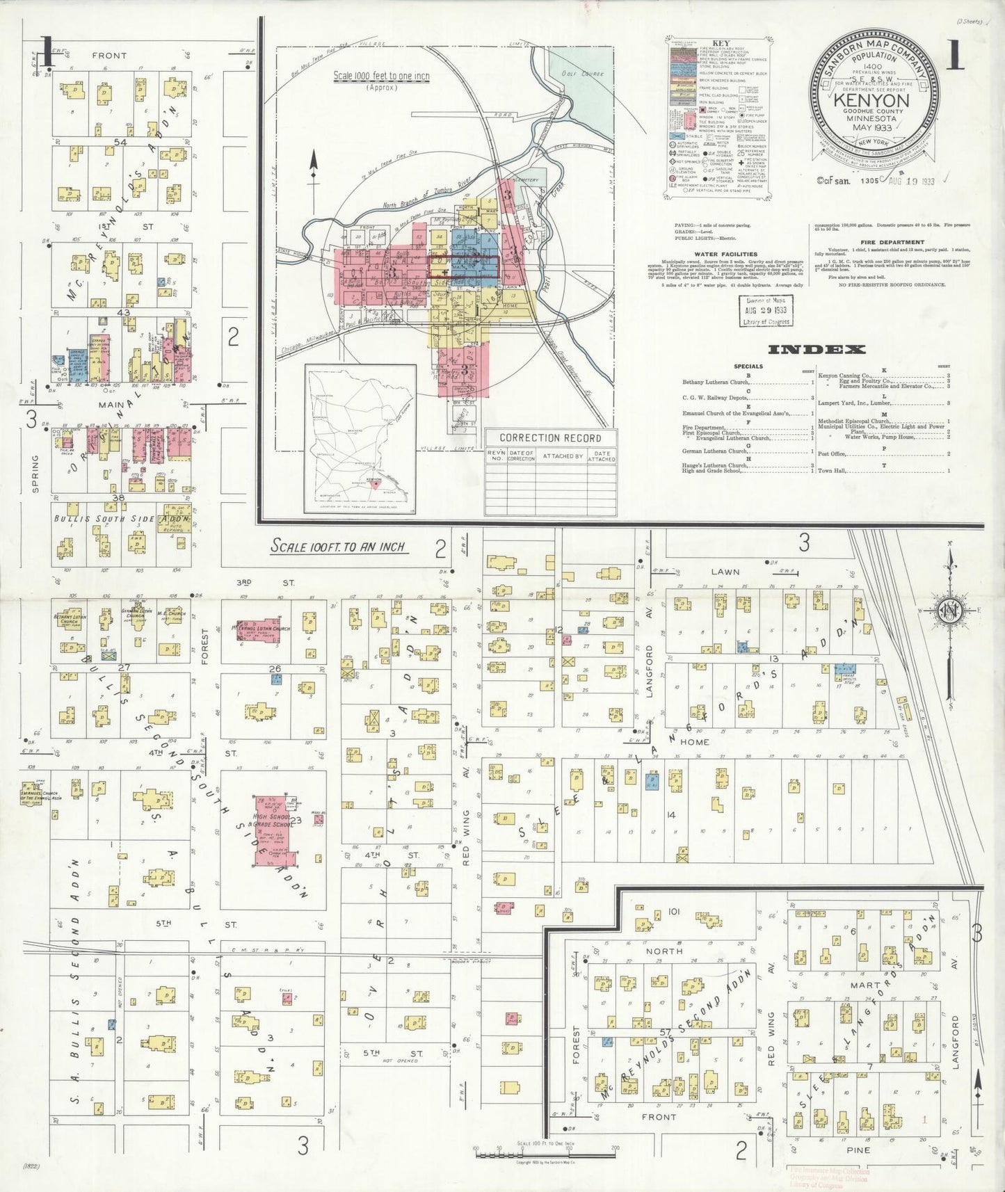 Sanborn Fire Insurance Map from Kenyon, Goodhue County, Minnesota (1933), Sheet #0001 - Complete Map Set gallery image, historic Sanborn map, vintage wall art, Minnesota Minnesota