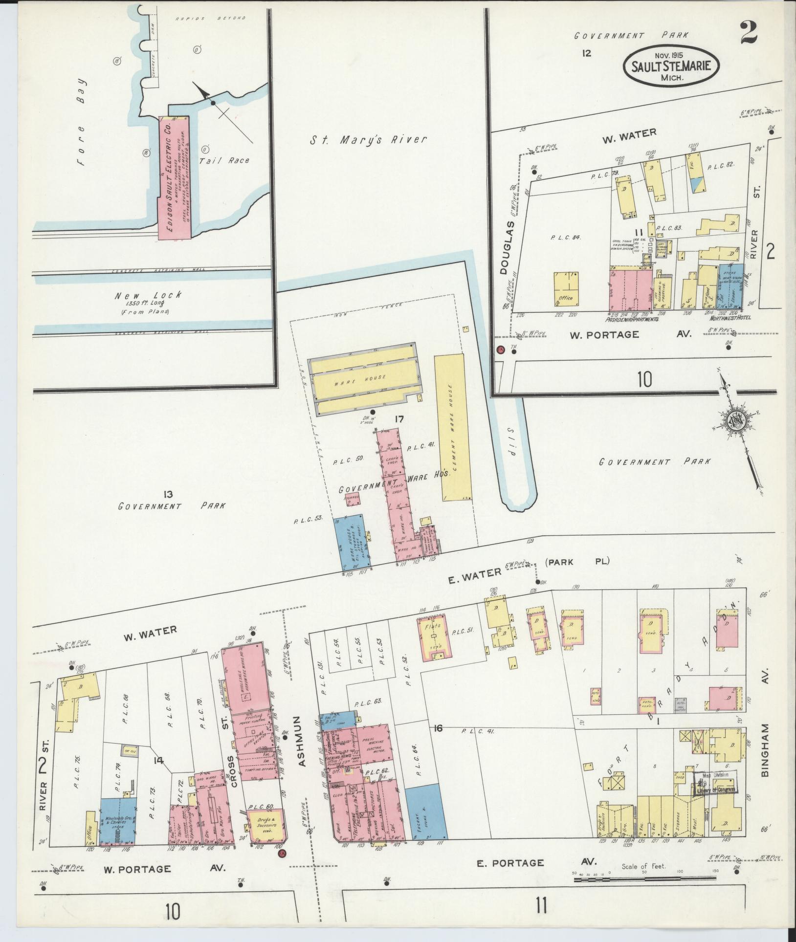 Sanborn Fire Insurance Map from Sault Sainte Marie, Chippewa County, Michigan (1915), Sheet #0002 - Historic Sanborn Fire Insurance Map Print, vintage old map wall art, antique decor, genealogy gift, Michigan Michigan map