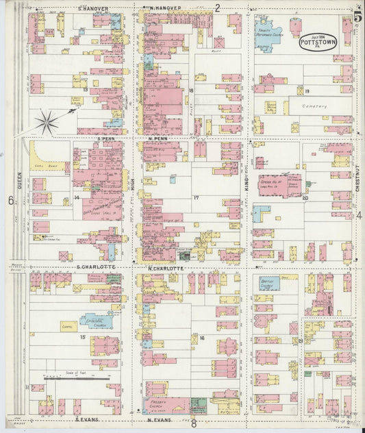 Sanborn Fire Insurance Map from Pottstown, Montgomery County, Pennsylvania (1896), Sheet #0005 - Historic Sanborn Fire Insurance Map Print, vintage old map wall art, antique decor, genealogy gift, Pennsylvania Pennsylvania map