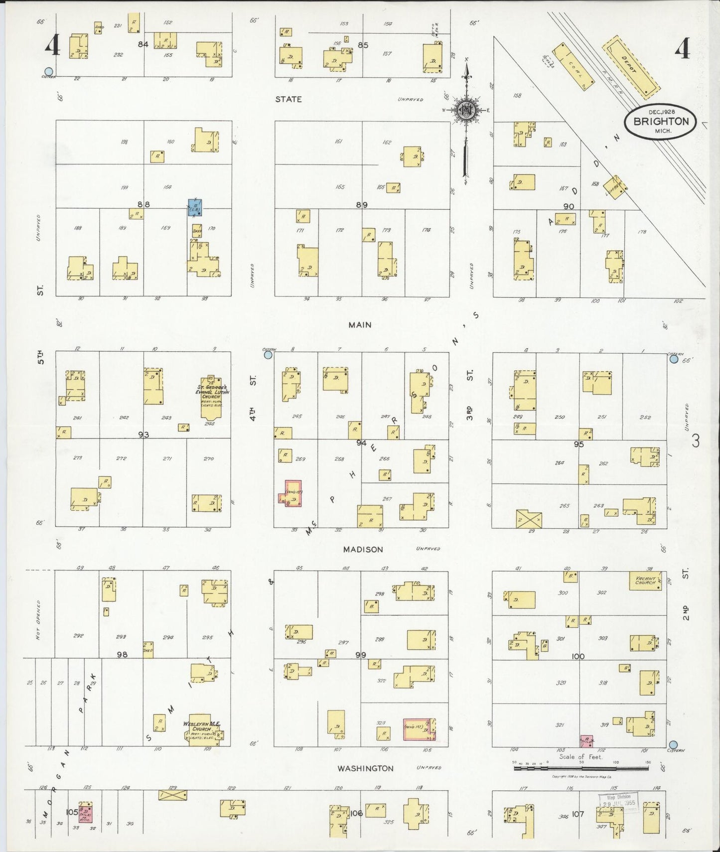Sanborn Fire Insurance Map from Brighton, Livingston County, Michigan (1928), Sheet #0004 - Complete Map Set gallery image, historic Sanborn map, vintage wall art, Michigan Michigan