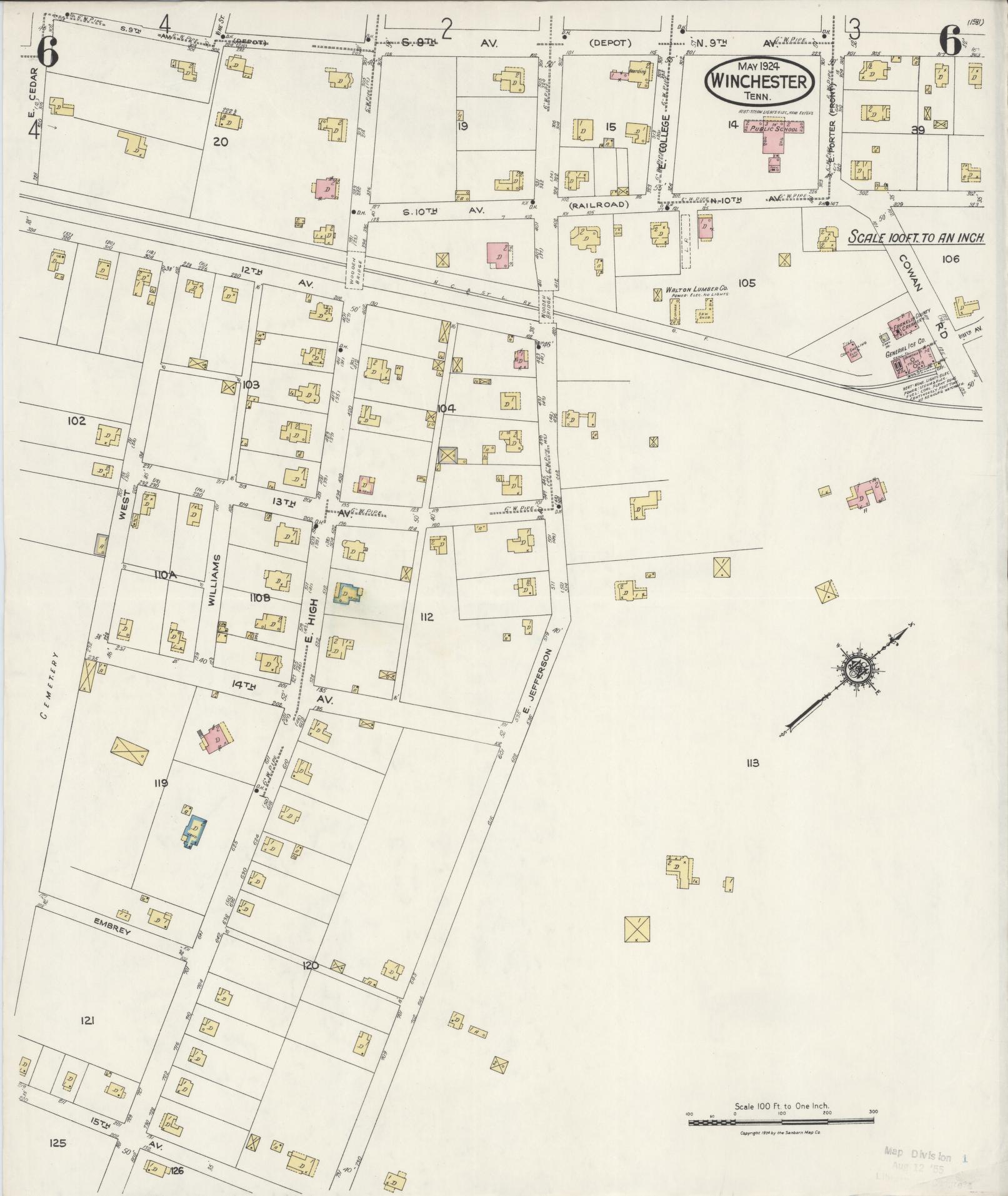Sanborn Fire Insurance Map from Winchester, Franklin County, Tennessee (1924), Sheet #0006 - Historic Sanborn Fire Insurance Map Print, vintage old map wall art, antique decor, genealogy gift, Tennessee Tennessee map