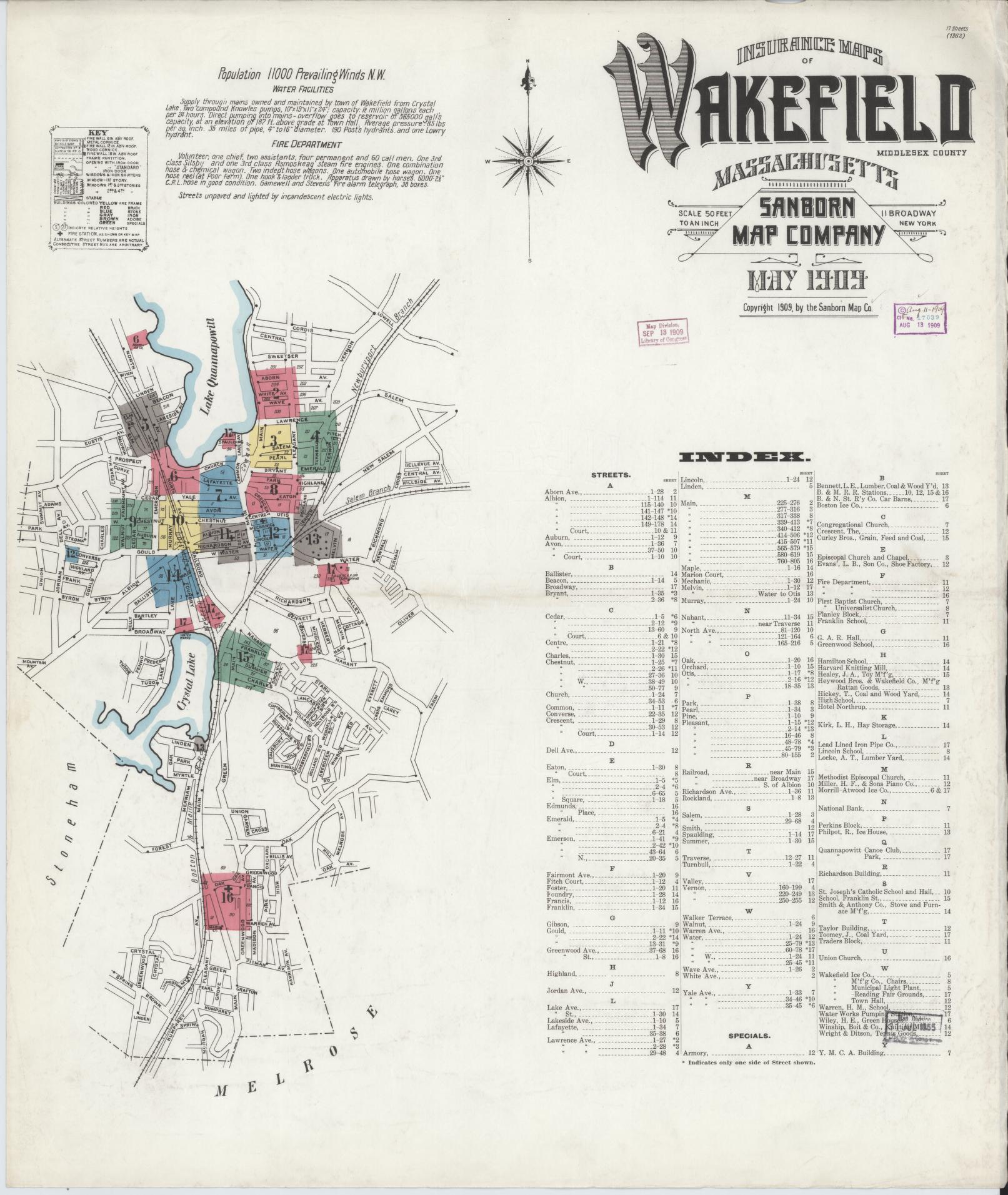 Sanborn Fire Insurance Map from Wakefield, Middlesex County, Massachusetts (1909), Sheet #0001 - Complete Map Set gallery image, historic Sanborn map, vintage wall art, Massachusetts Massachusetts