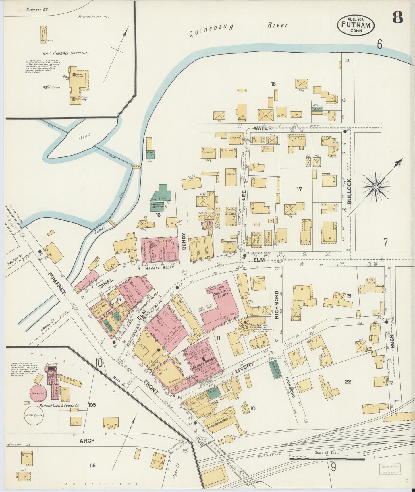 Sanborn Fire Insurance Map from Putnam, Windham County, Connecticut (1903), Sheet #0008 - Historic Sanborn Fire Insurance Map Print, vintage old map wall art, antique decor, genealogy gift, Connecticut Connecticut map
