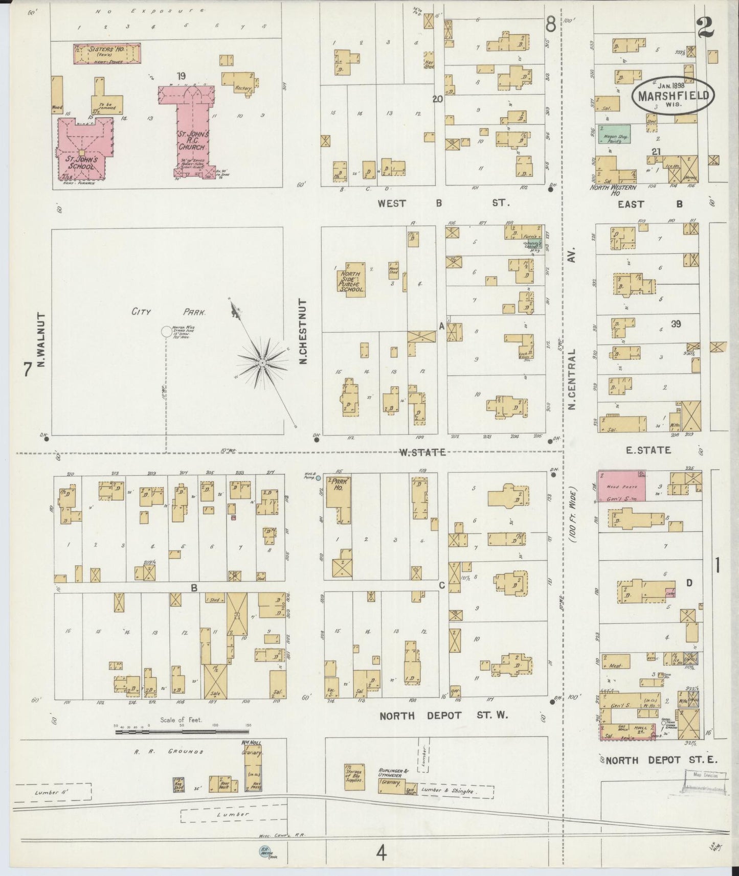Sanborn Fire Insurance Map from Marshfield, Wood County, Wisconsin (1898), Sheet #0002 - Complete Map Set gallery image, historic Sanborn map, vintage wall art, Wisconsin Wisconsin