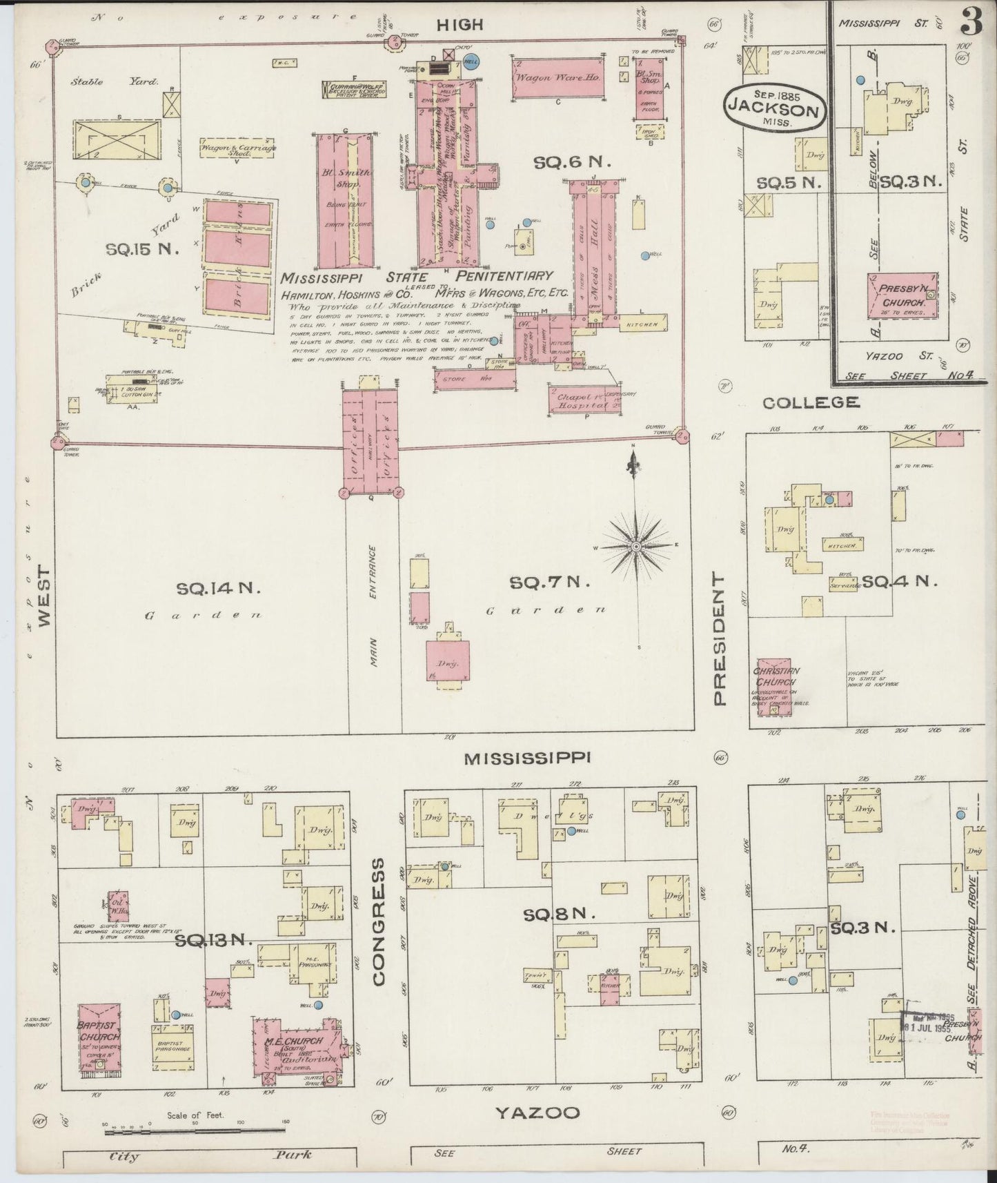 Sanborn Fire Insurance Map from Jackson, Hinds County, Mississippi (1885), Sheet #0003 - Historic Sanborn Fire Insurance Map Print, vintage old map wall art, antique decor, genealogy gift, Mississippi Mississippi map