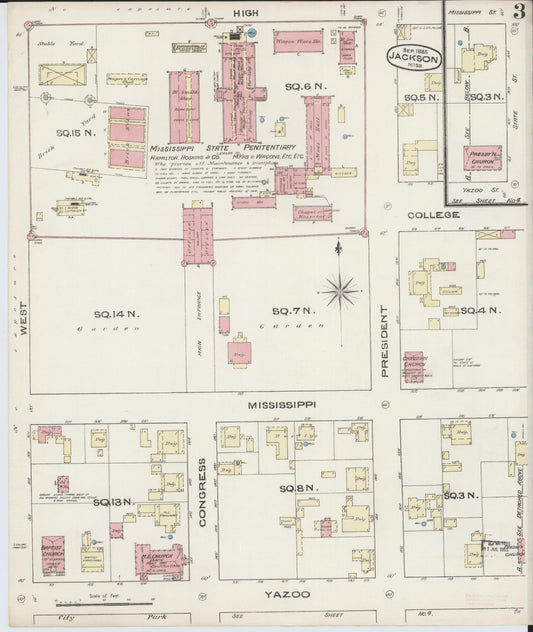 Sanborn Fire Insurance Map from Jackson, Hinds County, Mississippi (1885), Sheet #0003 - Historic Sanborn Fire Insurance Map Print, vintage old map wall art, antique decor, genealogy gift, Mississippi Mississippi map