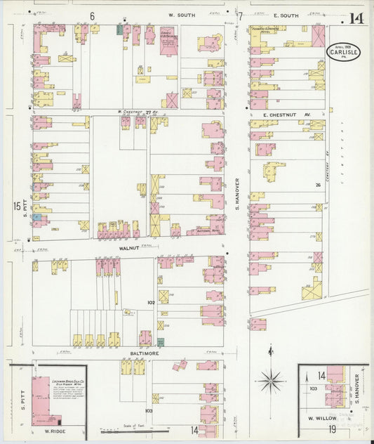 Sanborn Fire Insurance Map from Carlisle, Cumberland County, Pennsylvania (1909), Sheet #0014 - Historic Sanborn Fire Insurance Map Print, vintage old map wall art, antique decor, genealogy gift, Pennsylvania Pennsylvania map
