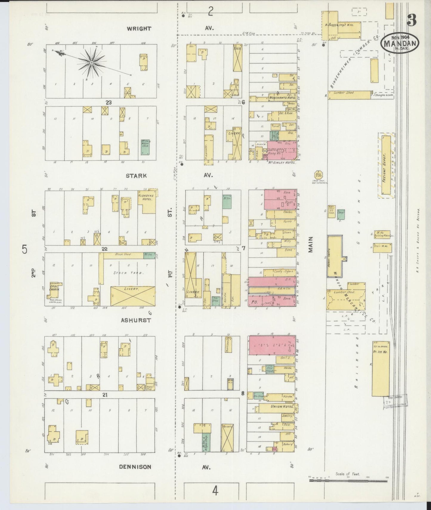 Sanborn Fire Insurance Map from Mandan, Morton County, North Dakota (1904), Sheet #0003 - Complete Map Set gallery image, historic Sanborn map, vintage wall art, North Dakota North Dakota