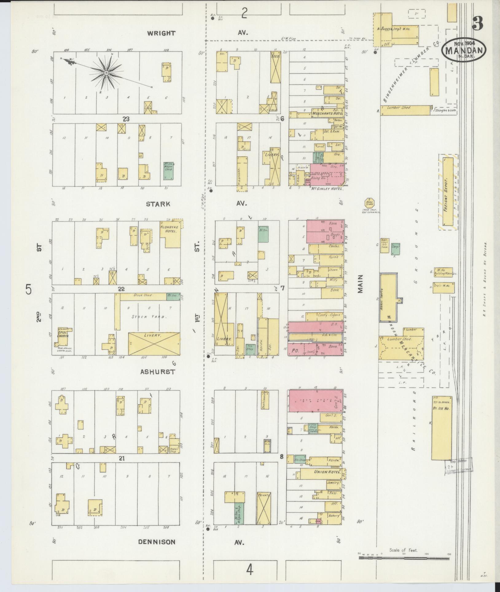 Sanborn Fire Insurance Map from Mandan, Morton County, North Dakota (1904), Sheet #0003 - Complete Map Set gallery image, historic Sanborn map, vintage wall art, North Dakota North Dakota