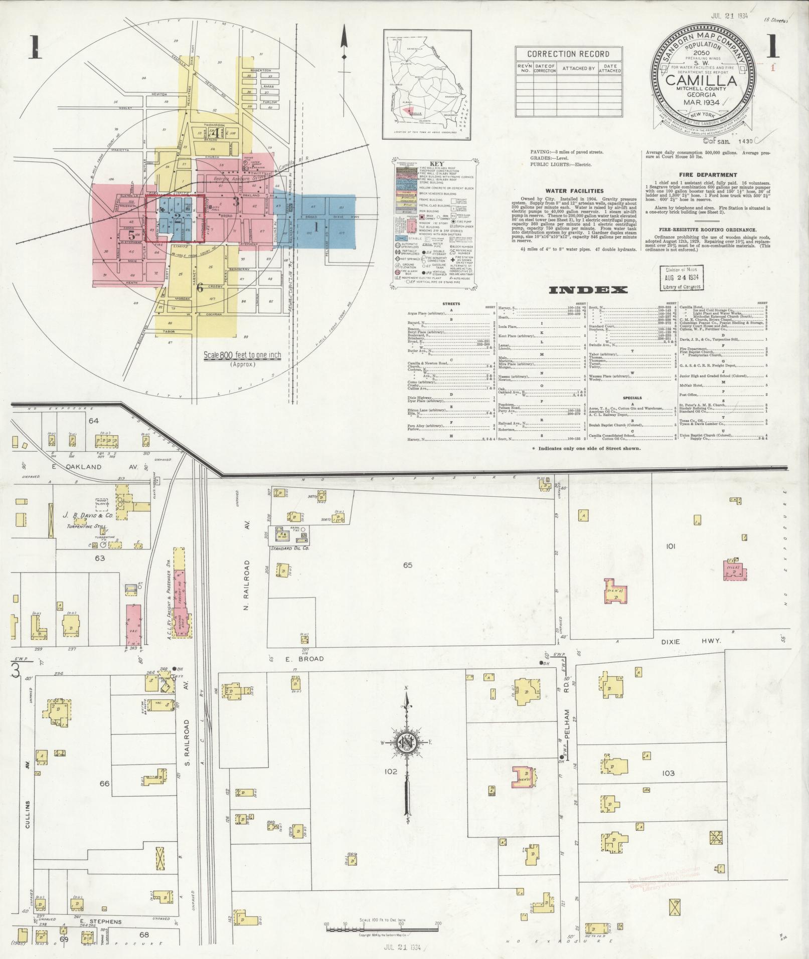 Sanborn Fire Insurance Map from Camilla, Mitchell County, Georgia (1934), Sheet #0001 - Historic Sanborn Fire Insurance Map Print, vintage old map wall art, antique decor, genealogy gift, Georgia Georgia map