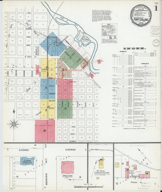 Sanborn Fire Insurance Map from Fort Collins, Larimer County, Colorado (1901), Sheet #0001 - Historic Sanborn Fire Insurance Map Print, vintage old map wall art, antique decor, genealogy gift, Colorado Colorado map