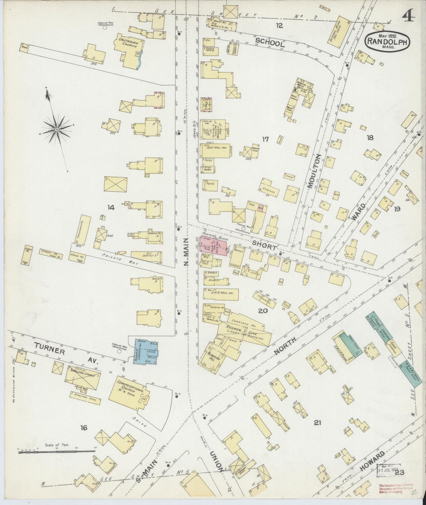 Sanborn Fire Insurance Map from Randolph, Norfolk County, Massachusetts (1892), Sheet #0004 - Historic Sanborn Fire Insurance Map Print, vintage old map wall art, antique decor, genealogy gift, Massachusetts Massachusetts map