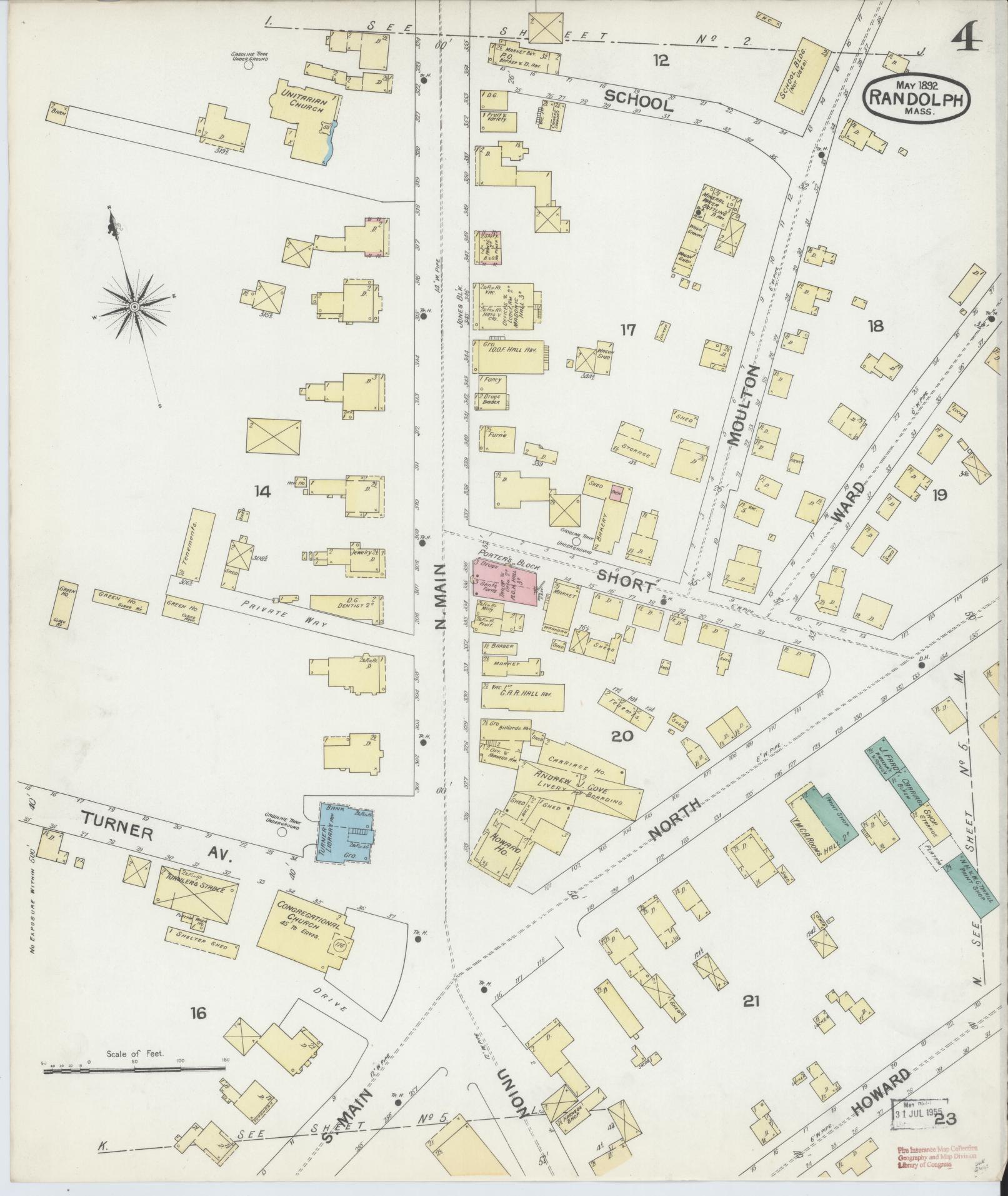 Sanborn Fire Insurance Map from Randolph, Norfolk County, Massachusetts (1892), Sheet #0004 - Historic Sanborn Fire Insurance Map Print, vintage old map wall art, antique decor, genealogy gift, Massachusetts Massachusetts map