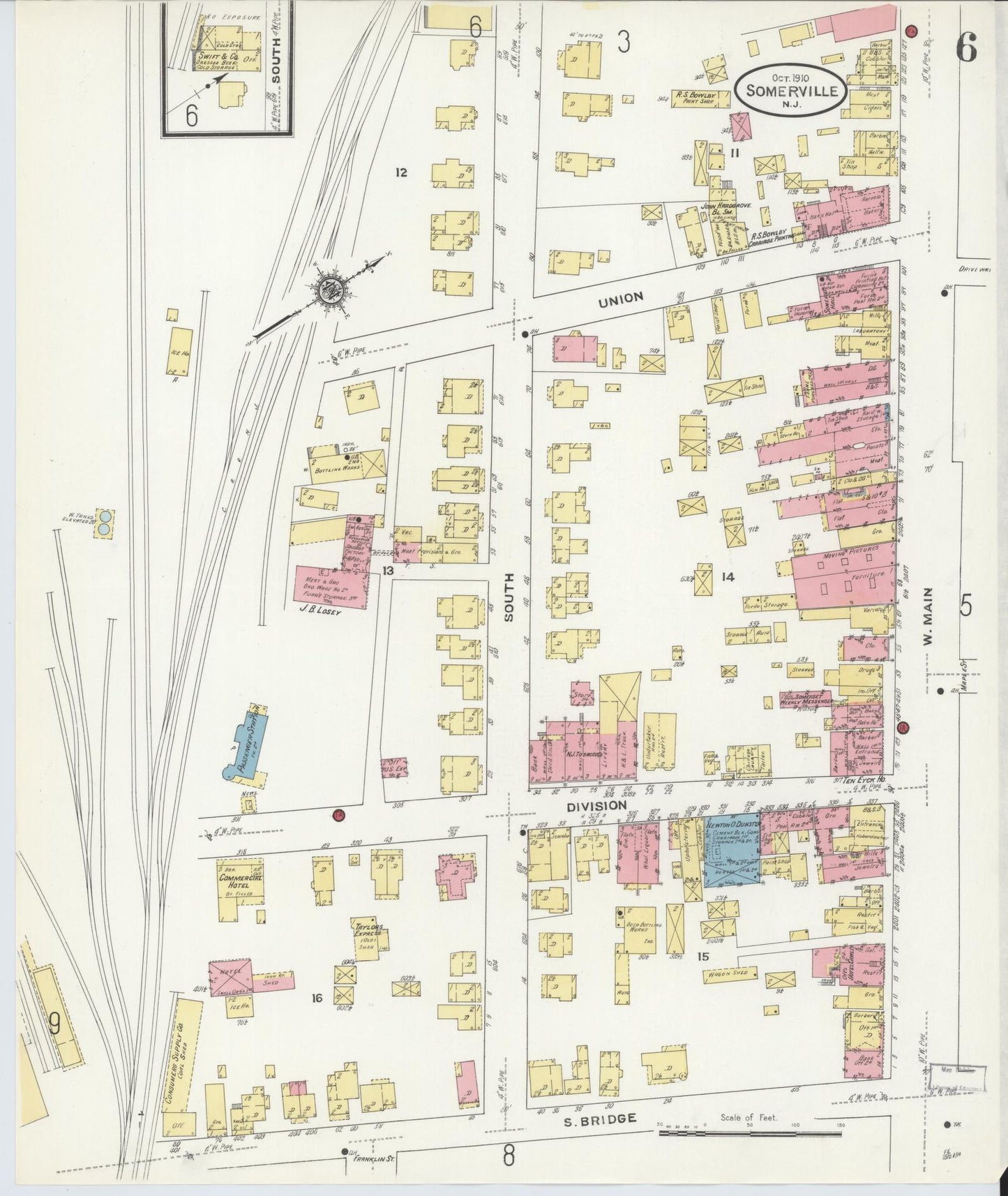 Sanborn Fire Insurance Map from Somerville, Somerset County, New Jersey (1910), Sheet #0006 - Historic Sanborn Fire Insurance Map Print, vintage old map wall art, antique decor, genealogy gift, New Jersey New Jersey map