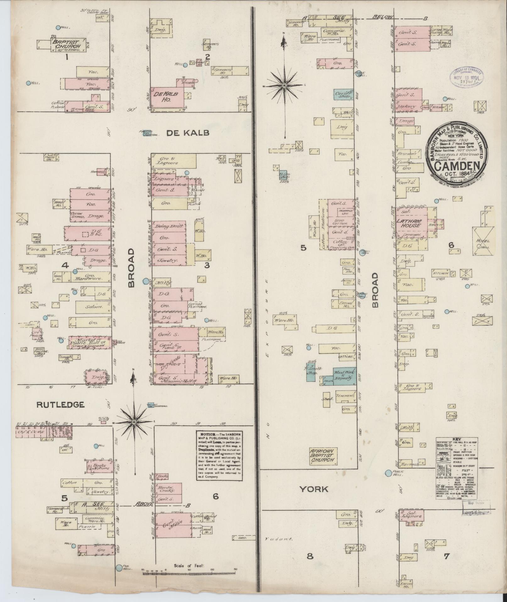 Sanborn Fire Insurance Map from Camden, Kershaw County, South Carolina (1884), Sheet #0002 - Complete Map Set gallery image, historic Sanborn map, vintage wall art, South Carolina South Carolina