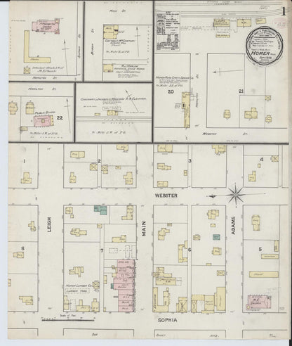 Sanborn Fire Insurance Map from Homer, Calhoun County, Michigan (1888), Sheet #0001 - Historic Sanborn Fire Insurance Map Print, vintage old map wall art, antique decor, genealogy gift, Michigan Michigan map