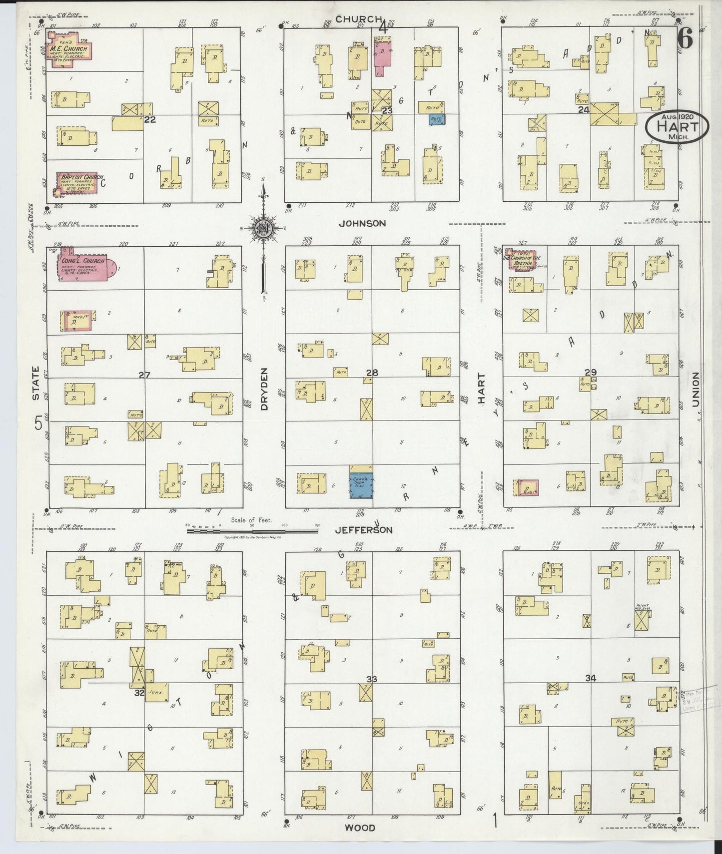 Sanborn Fire Insurance Map from Hart, Oceana County, Michigan (1920), Sheet #0006 - Complete Map Set gallery image, historic Sanborn map, vintage wall art, Michigan Michigan