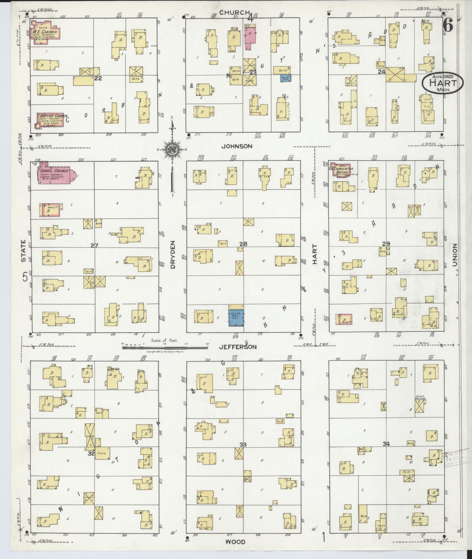 Sanborn Fire Insurance Map from Hart, Oceana County, Michigan (1920), Sheet #0006 - Complete Map Set gallery image, historic Sanborn map, vintage wall art, Michigan Michigan