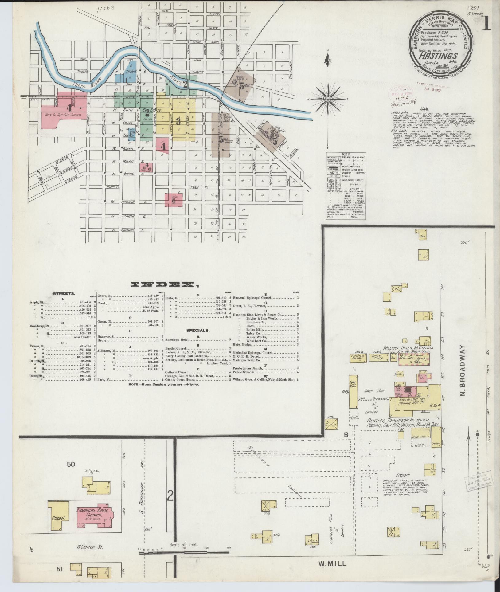 Sanborn Fire Insurance Map from Hastings, Barry County, Michigan (1896), Sheet #0001 - Historic Sanborn Fire Insurance Map Print, vintage old map wall art, antique decor, genealogy gift, Michigan Michigan map