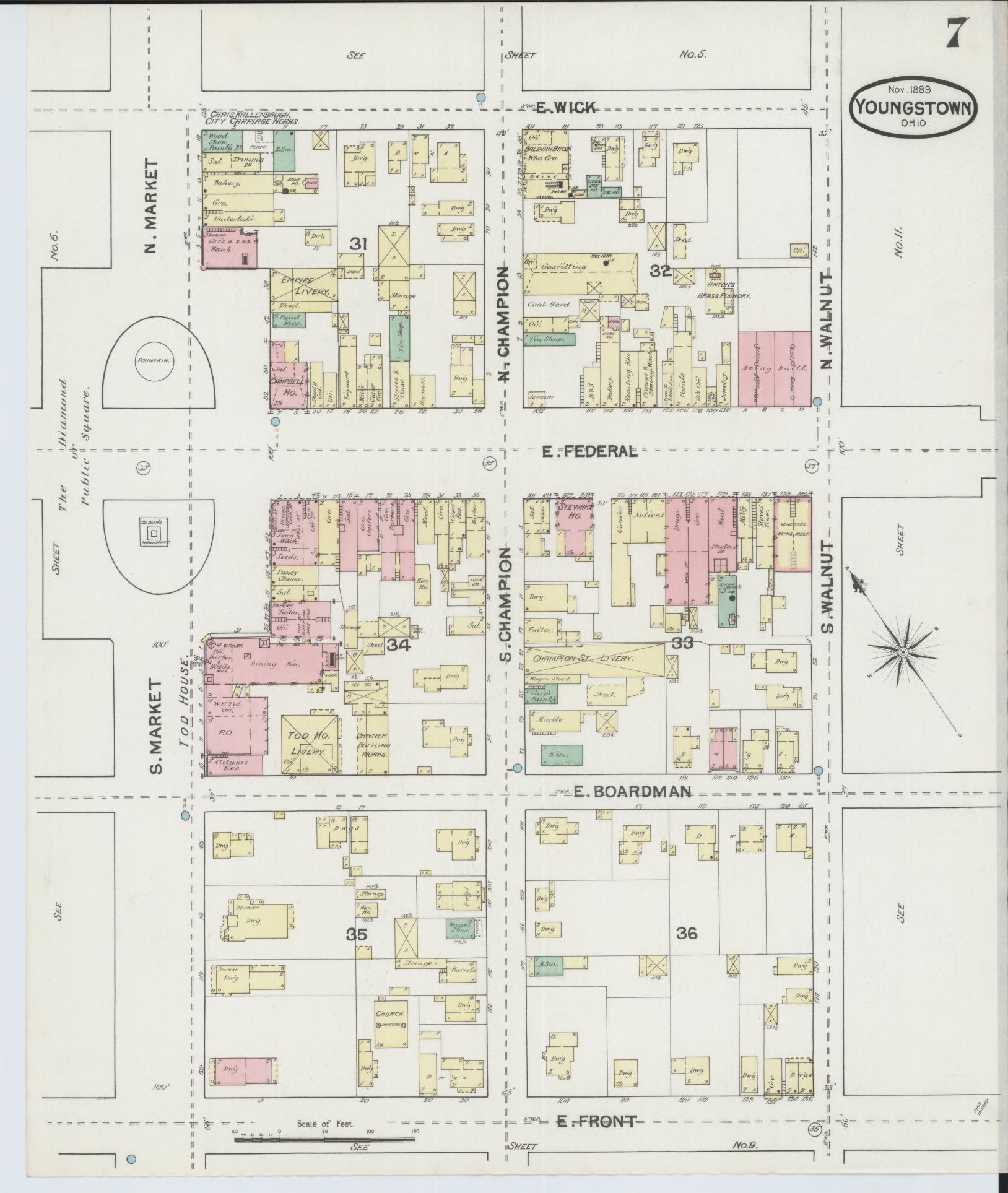 Sanborn Fire Insurance Map from Youngstown, Mahoning County, Ohio (1889), Sheet #0007 - Historic Sanborn Fire Insurance Map Print, vintage old map wall art, antique decor, genealogy gift, Ohio Ohio map