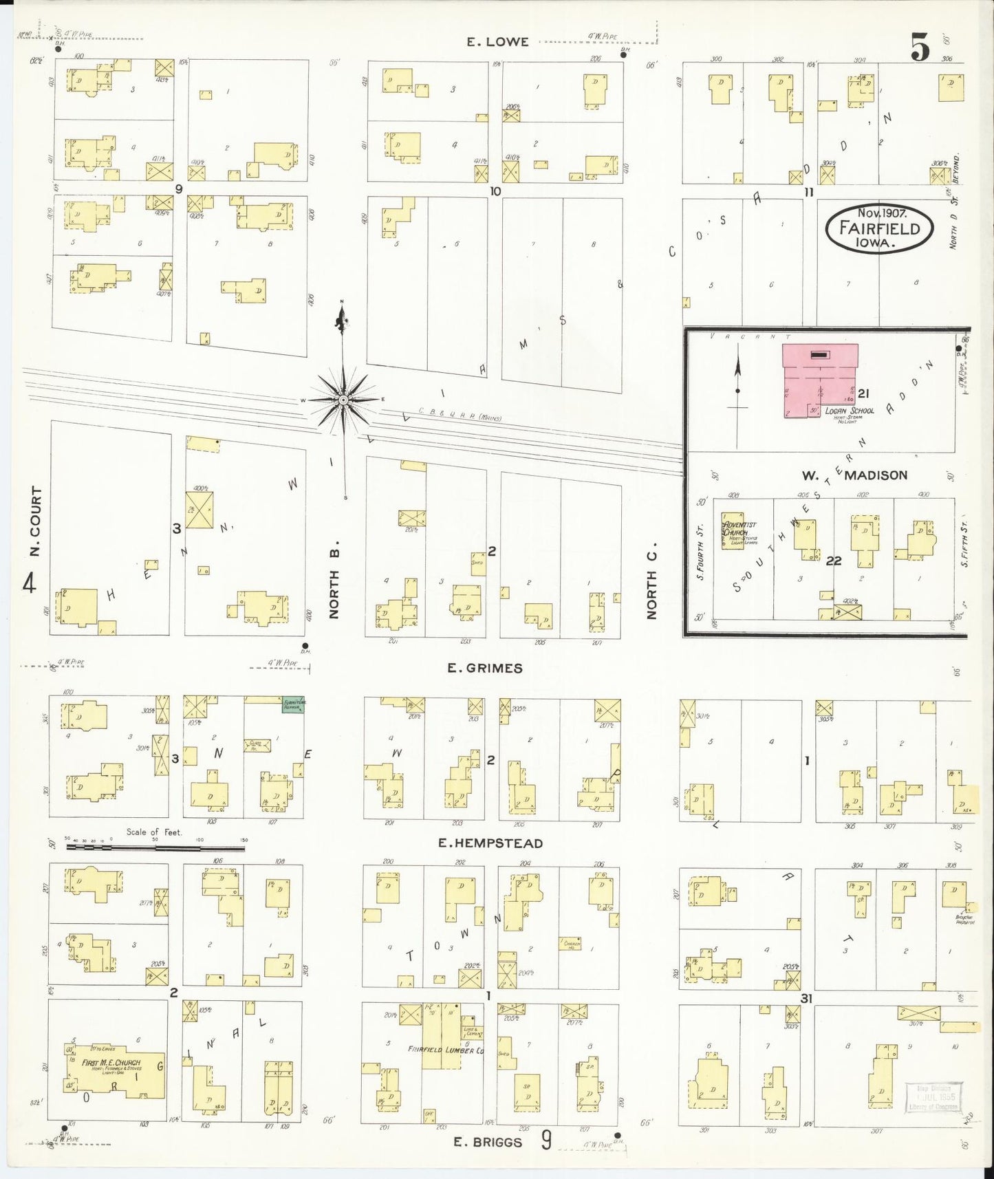 Sanborn Fire Insurance Map from Fairfield, Jefferson County, Iowa (1907), Sheet #0005 - Historic Sanborn Fire Insurance Map Print, vintage old map wall art