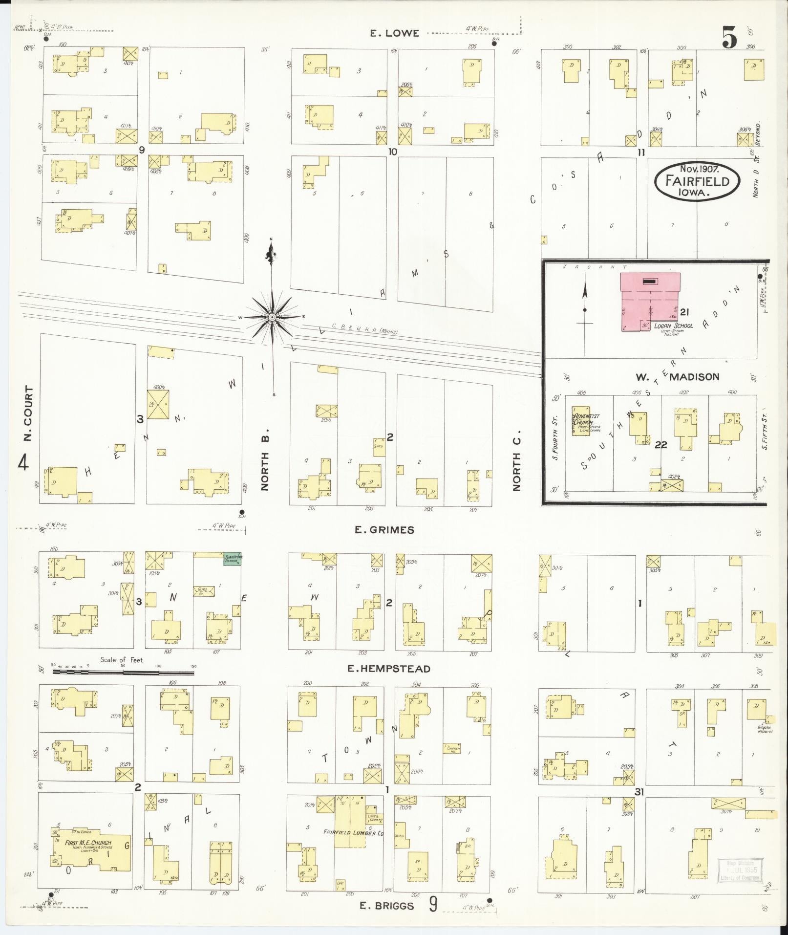 Sanborn Fire Insurance Map from Fairfield, Jefferson County, Iowa (1907), Sheet #0005 - Historic Sanborn Fire Insurance Map Print, vintage old map wall art
