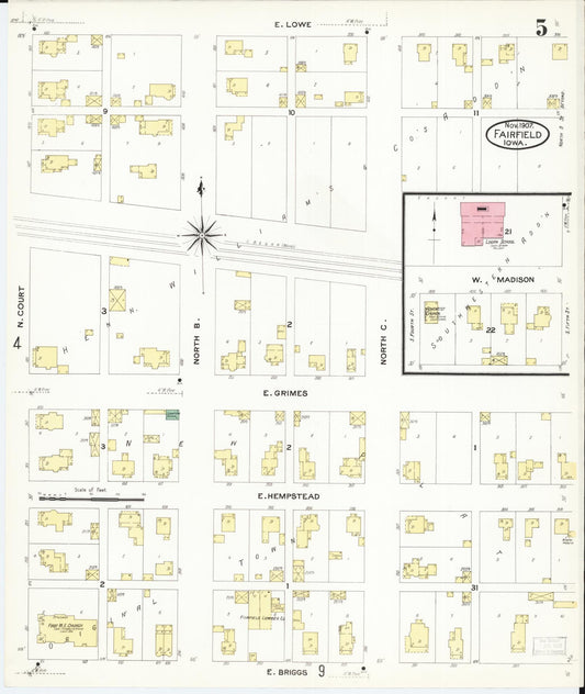 Sanborn Fire Insurance Map from Fairfield, Jefferson County, Iowa (1907), Sheet #0005 - Historic Sanborn Fire Insurance Map Print, vintage old map wall art