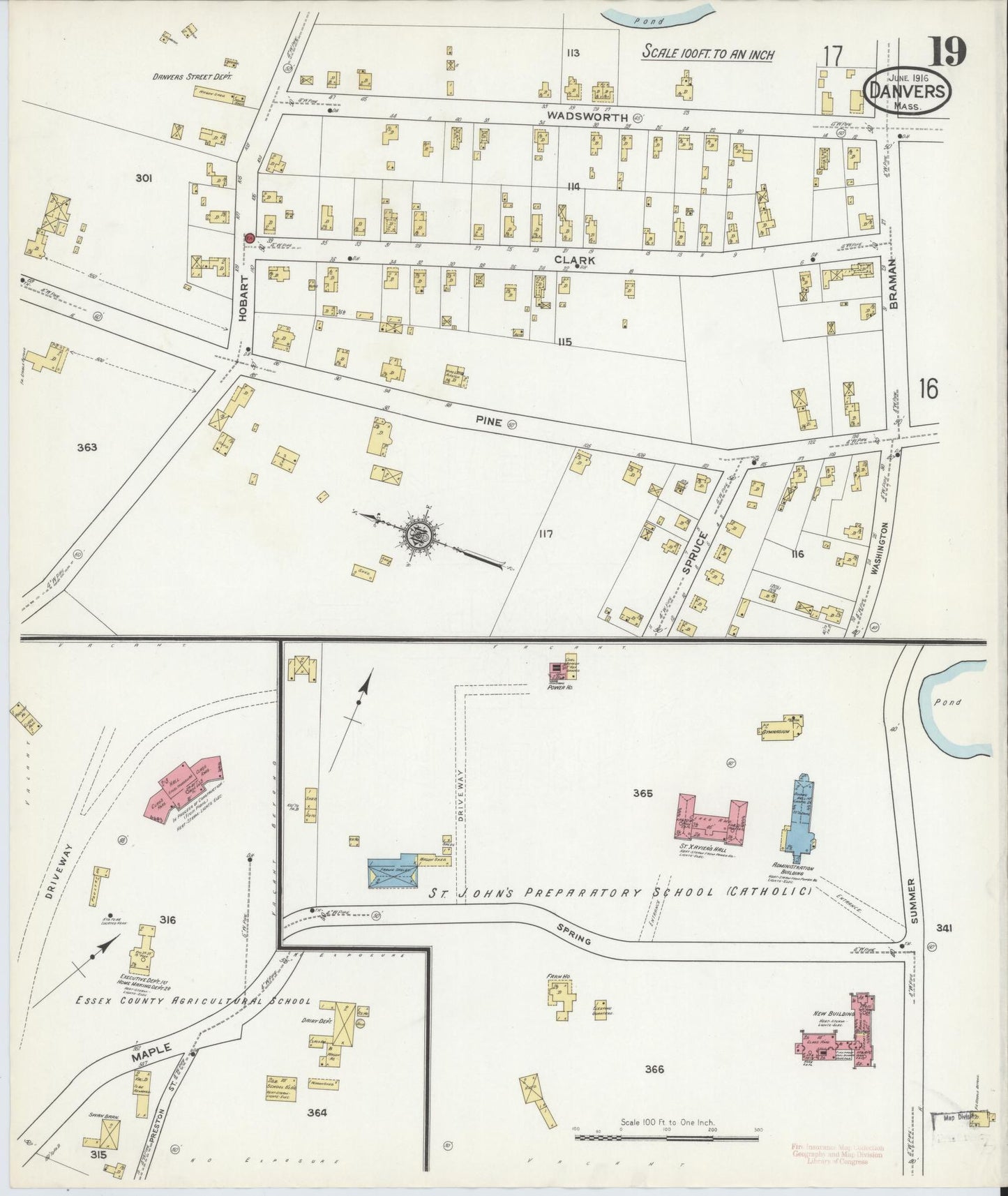 Sanborn Fire Insurance Map from Danvers, Essex County, Massachusetts (1916), Sheet #0019 - Historic Sanborn Fire Insurance Map Print, vintage old map wall art, antique decor, genealogy gift, Massachusetts Massachusetts map
