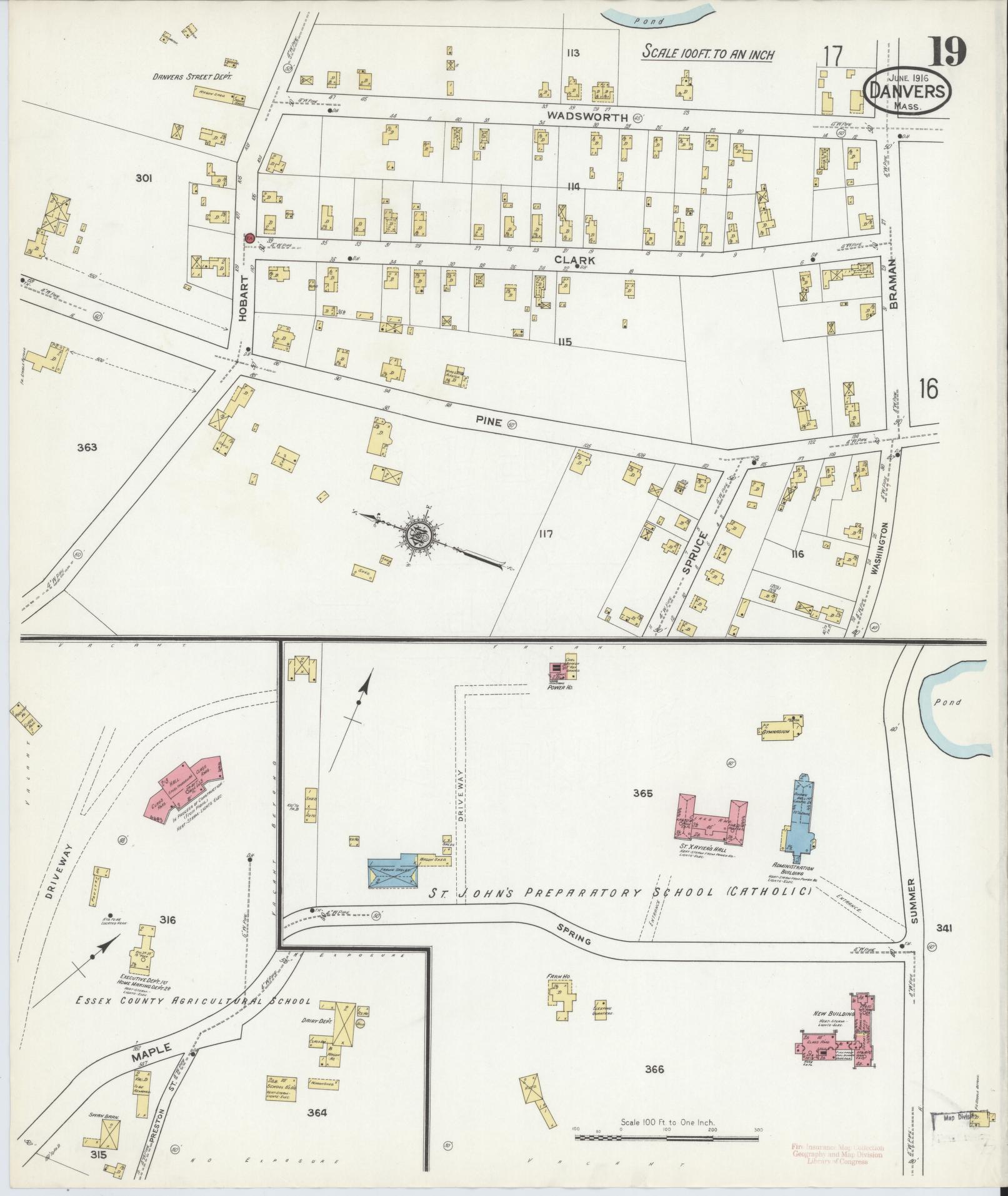 Sanborn Fire Insurance Map from Danvers, Essex County, Massachusetts (1916), Sheet #0019 - Historic Sanborn Fire Insurance Map Print, vintage old map wall art, antique decor, genealogy gift, Massachusetts Massachusetts map