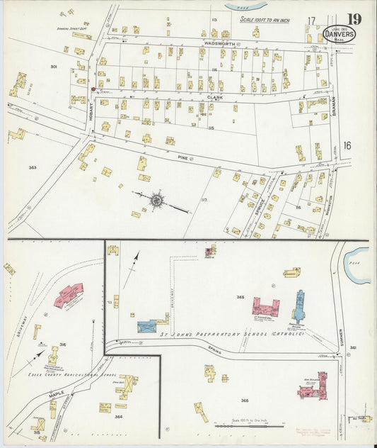 Sanborn Fire Insurance Map from Danvers, Essex County, Massachusetts (1916), Sheet #0019 - Historic Sanborn Fire Insurance Map Print, vintage old map wall art, antique decor, genealogy gift, Massachusetts Massachusetts map
