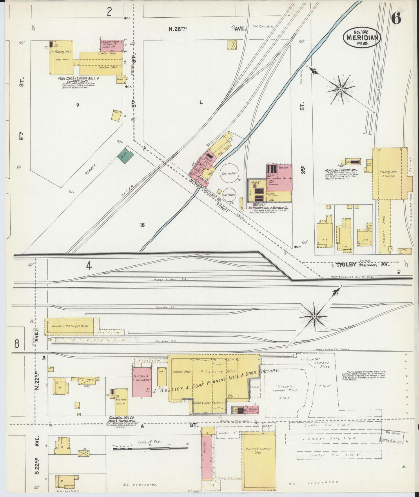 Sanborn Fire Insurance Map from Meridian, Lauderdale County, Mississippi (1902), Sheet #0006 - Complete Map Set gallery image, historic Sanborn map, vintage wall art, Mississippi Mississippi