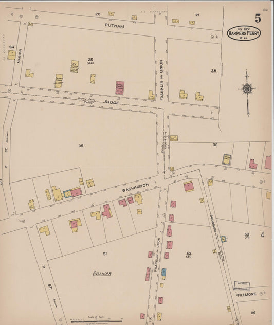 Sanborn Fire Insurance Map from Harpers Ferry, Jefferson County, West Virginia (1922), Sheet #0005 - Historic Sanborn Fire Insurance Map Print, vintage old map wall art, antique decor, genealogy gift, West Virginia West Virginia map