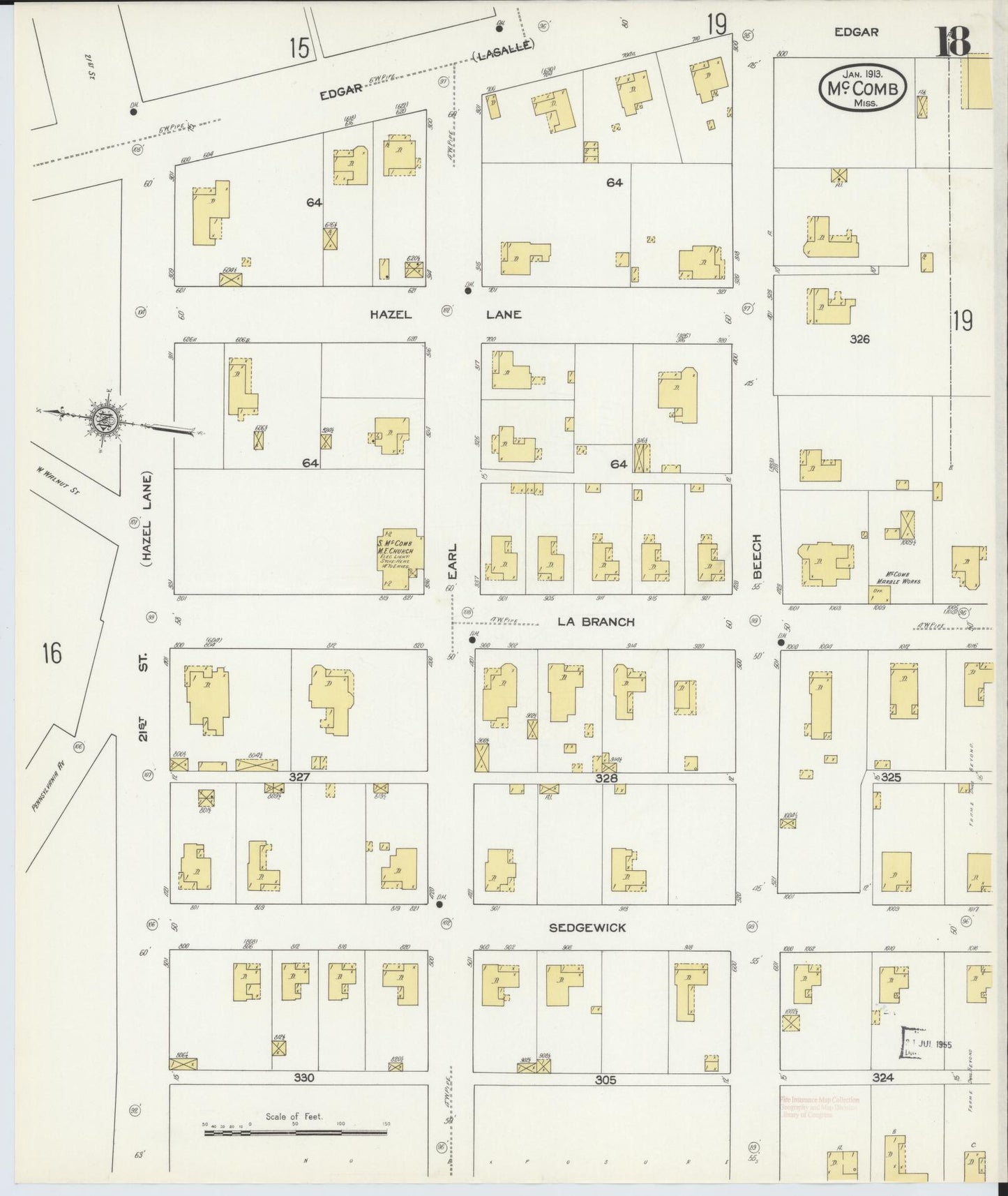 Sanborn Fire Insurance Map from McComb, Pike County, Mississippi (1913), Sheet #0018 - Complete Map Set gallery image, historic Sanborn map, vintage wall art, Mississippi Mississippi