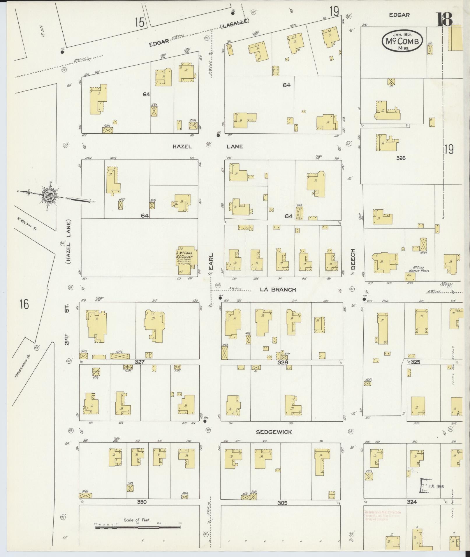 Sanborn Fire Insurance Map from McComb, Pike County, Mississippi (1913), Sheet #0018 - Complete Map Set gallery image, historic Sanborn map, vintage wall art, Mississippi Mississippi