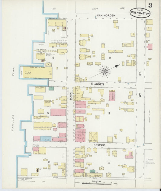 Sanborn Fire Insurance Map from Washington, Beaufort County, North Carolina (1891), Sheet #0003 - Historic Sanborn Fire Insurance Map Print, vintage old map wall art, antique decor, genealogy gift, North Carolina North Carolina map