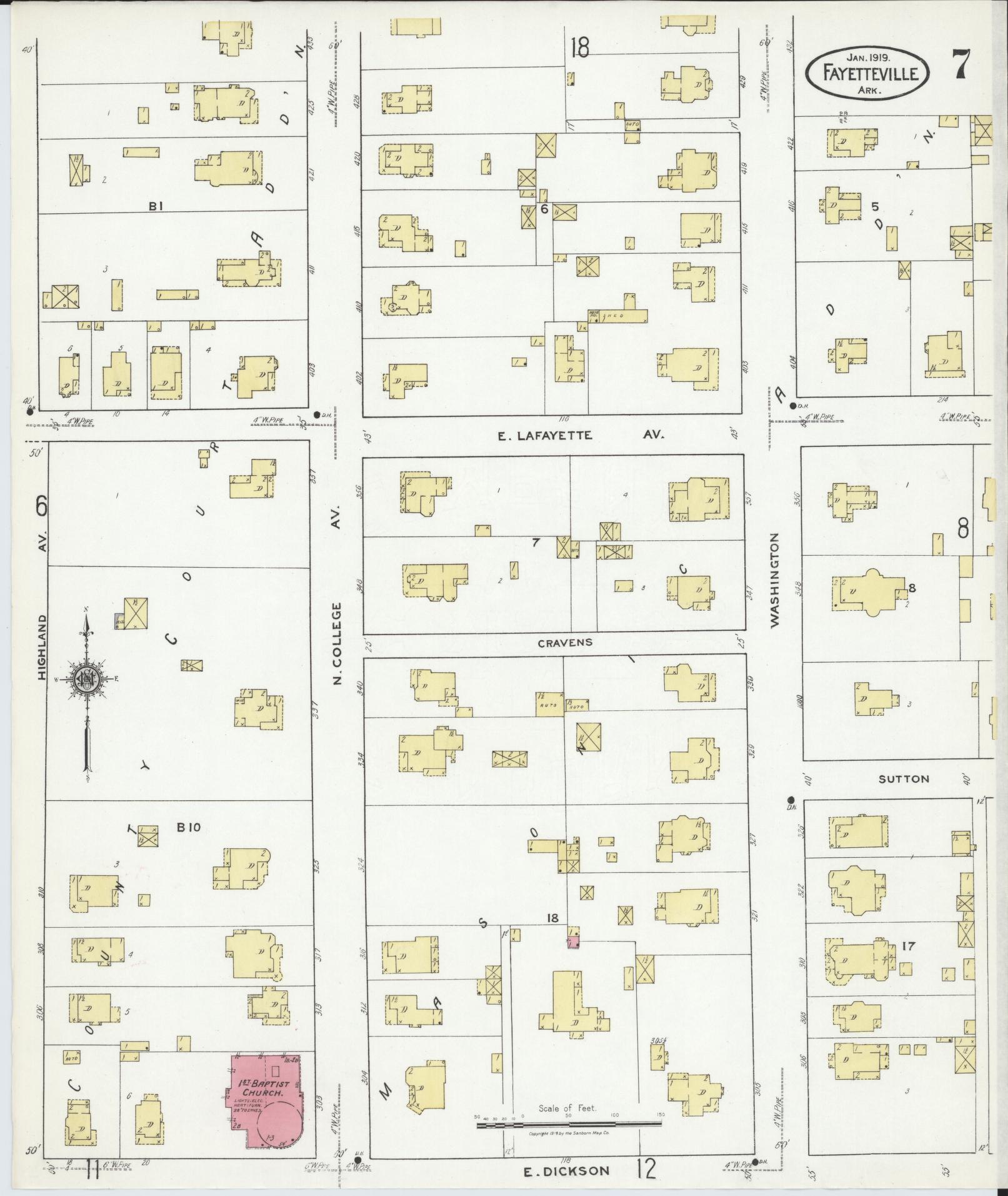 Sanborn Fire Insurance Map from Fayetteville, Washington County, Arkansas (1919), Sheet #0007 - Historic Sanborn Fire Insurance Map Print, vintage old map wall art, antique decor, genealogy gift, Arkansas Arkansas map