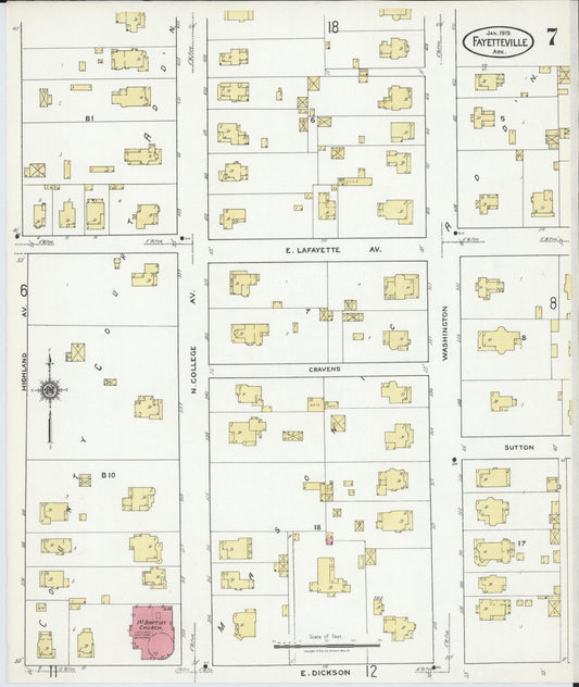 Sanborn Fire Insurance Map from Fayetteville, Washington County, Arkansas (1919), Sheet #0007 - Historic Sanborn Fire Insurance Map Print, vintage old map wall art, antique decor, genealogy gift, Arkansas Arkansas map